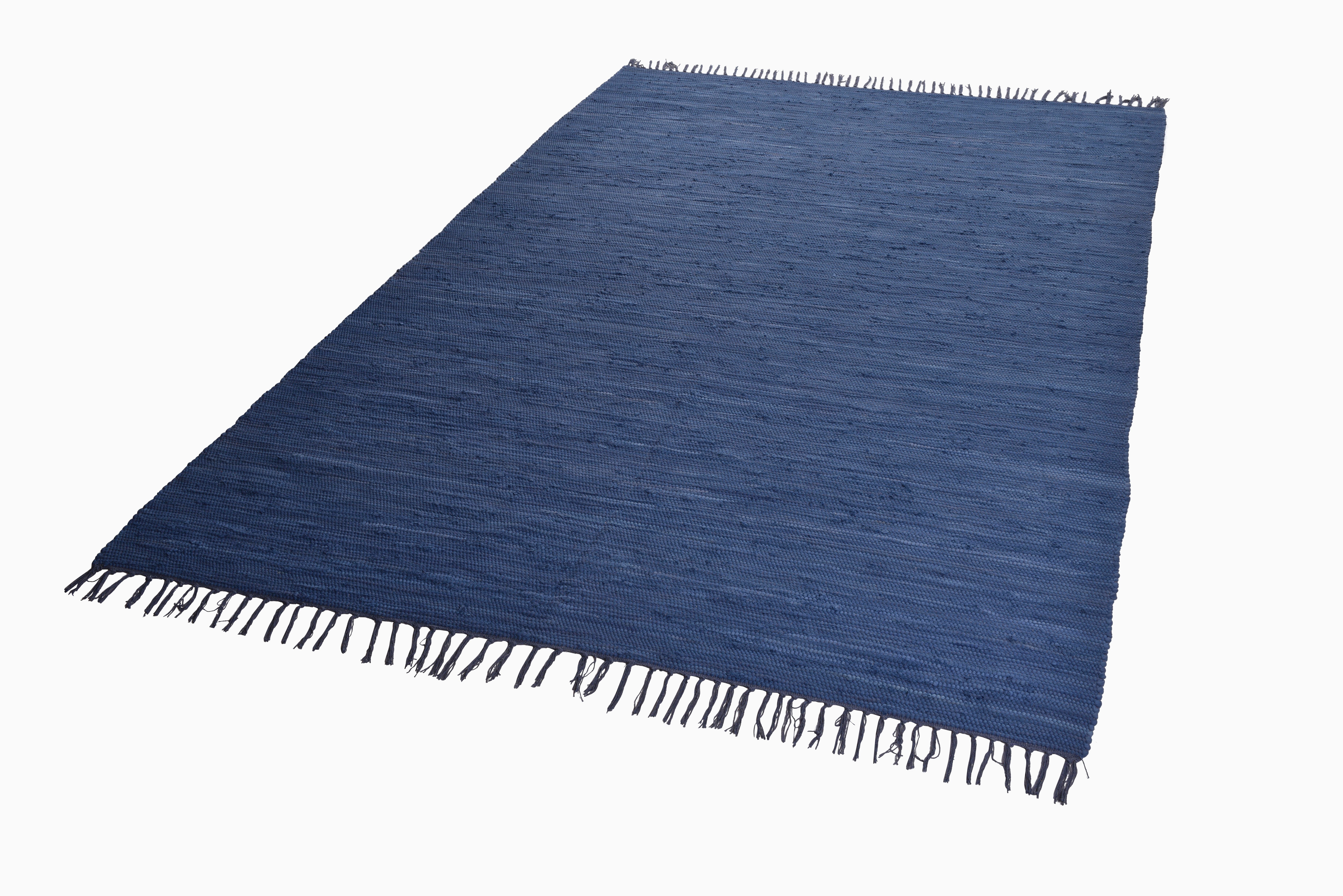Happy blau Flachgewebe, THEKO, mm, handgewebt, mit Teppich, 5 Höhe: Handweb reine Cotton, Baumwolle, rechteckig, Teppich Fransen