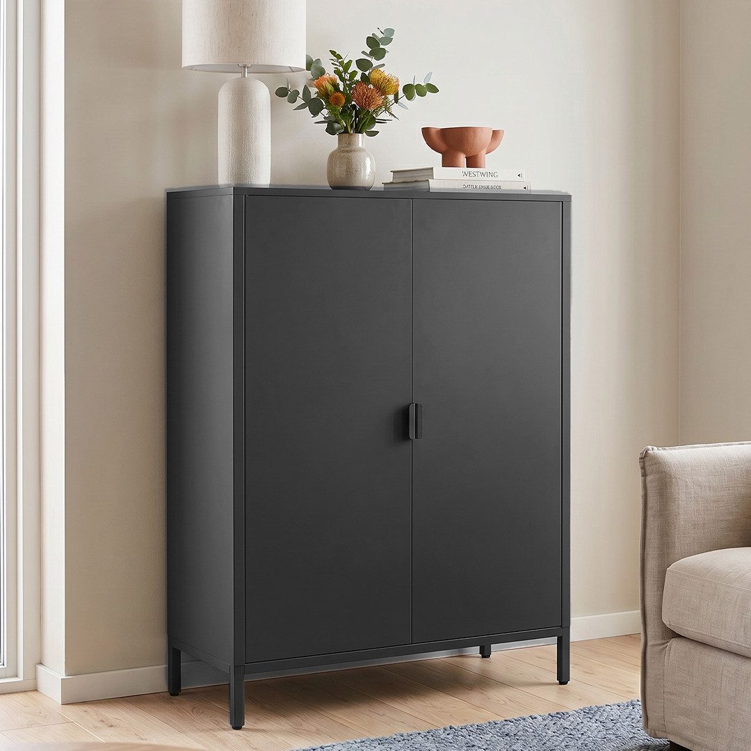 skølm Kommode Ituri aus Metall (Schwarz), Highboard mit 2 Einlegeböden, höhenverstellbare Füße