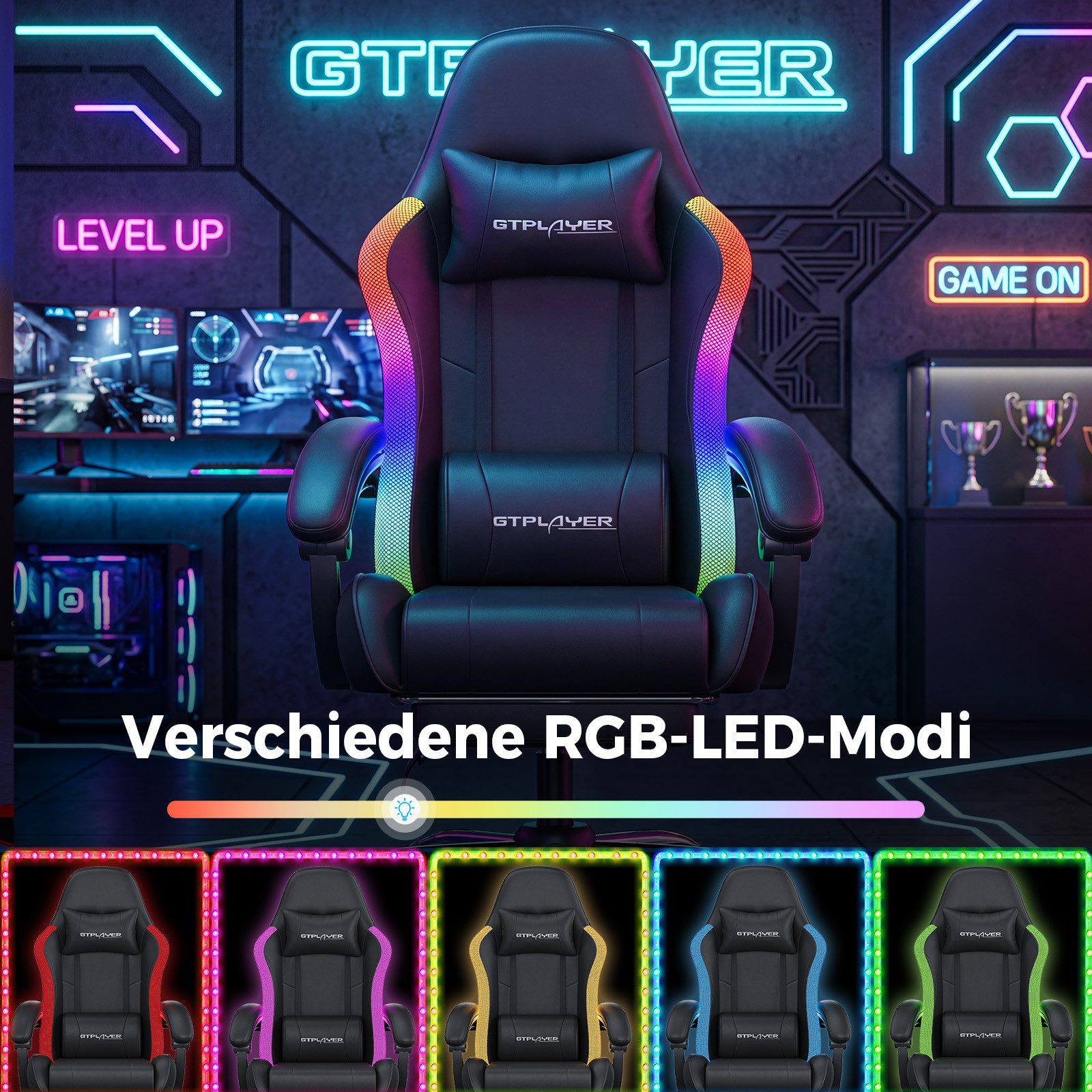 GTPLAYER Gaming-Stuhl Bürostuhl Gaming Chair mit LED Lichtleiste, Gamer Stuhl, Rückenlehne mit Aufbewahrungstasche PC Stuhl mit Fernbedienung