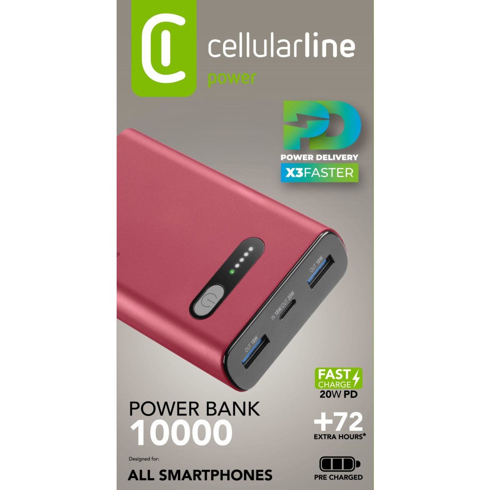 Cellularline Power Bank Fast 10000 PD Red (60981) Solar Powerbank