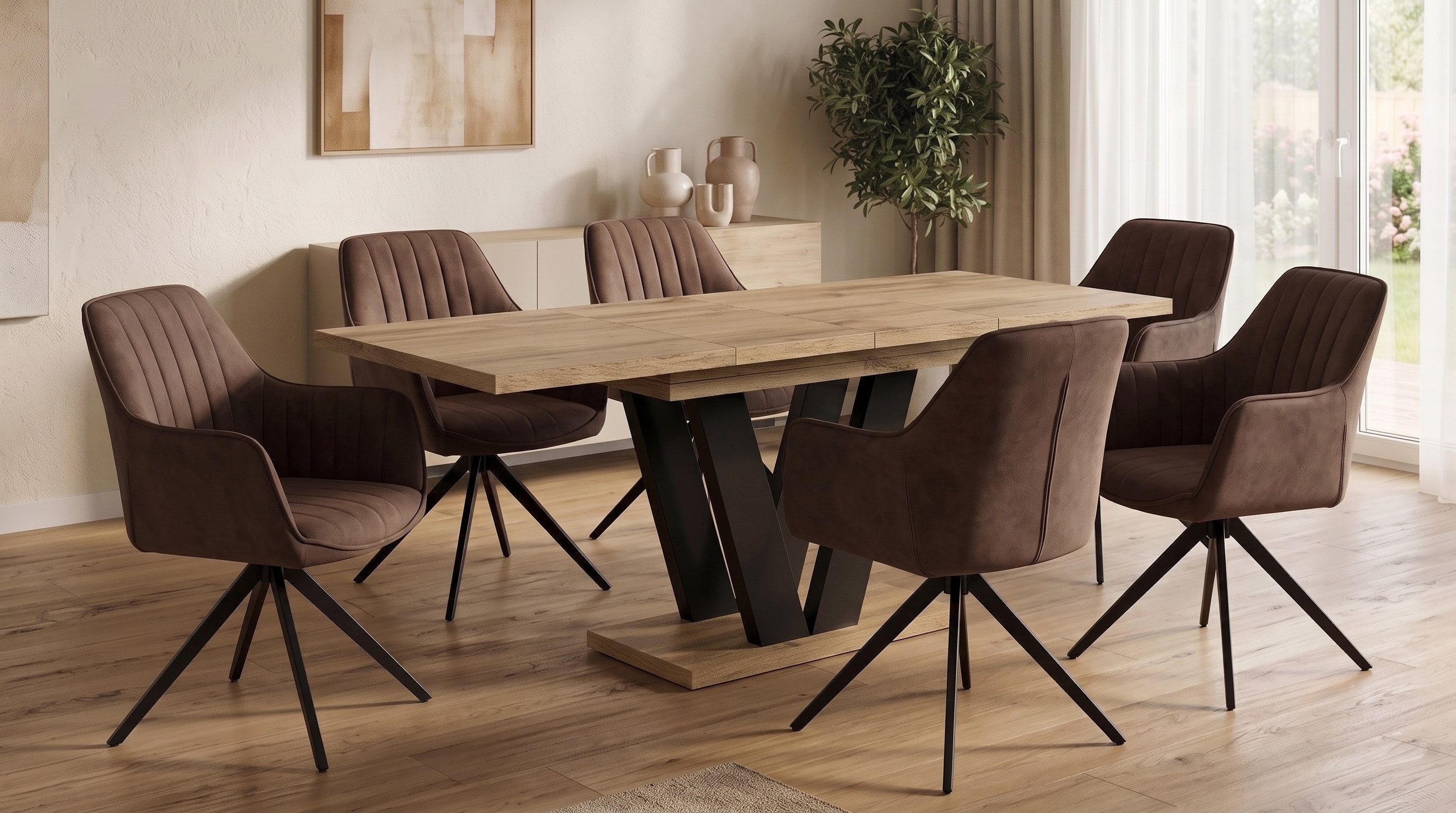 Endo-Moebel Essgruppe Essgruppe Esstisch ausziehbar 130/210cm 6 Stühlen Set Textil Samt, (7-tlg)