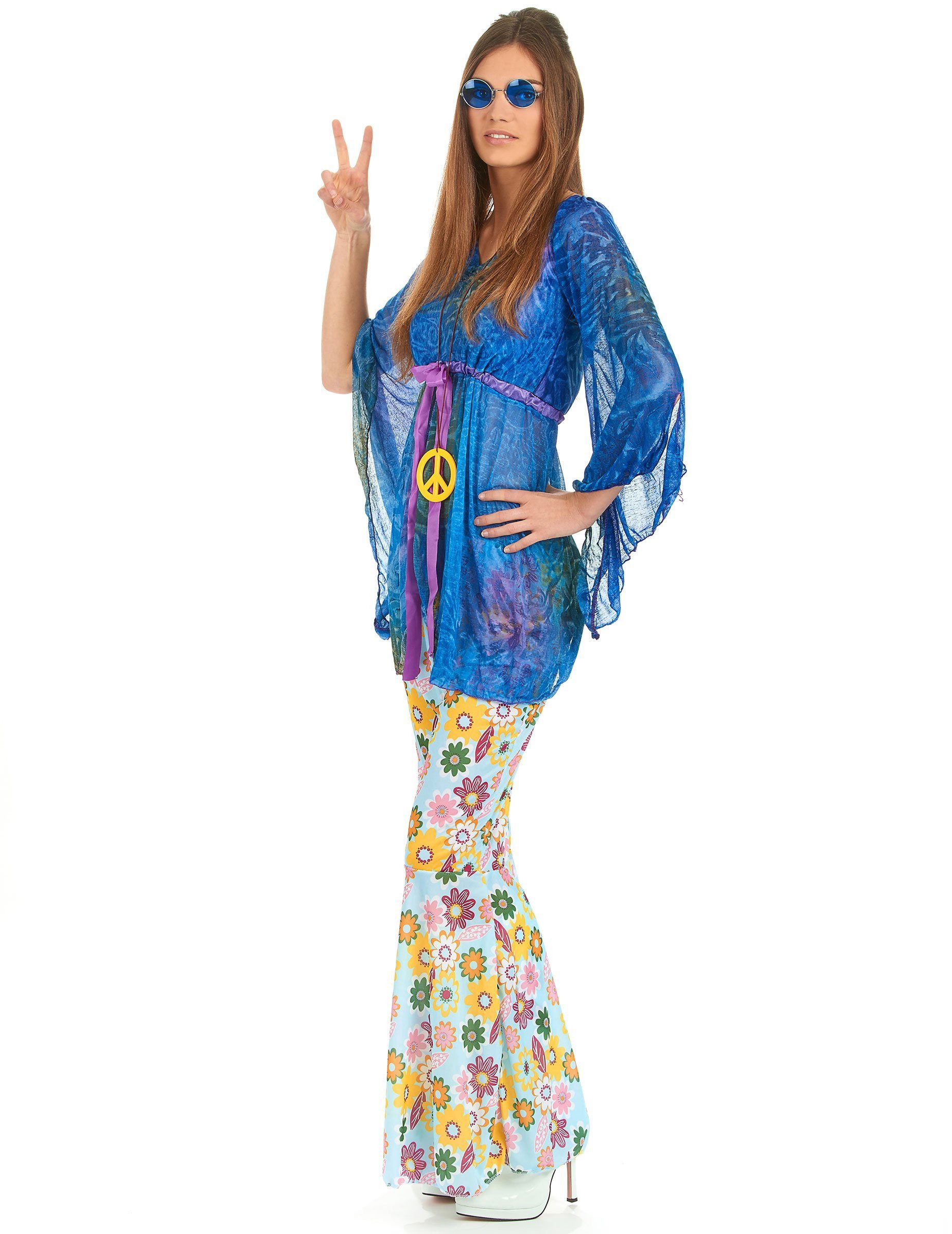 Kostüm Hippie-Damenkostüm Flower-Power blau-bunt