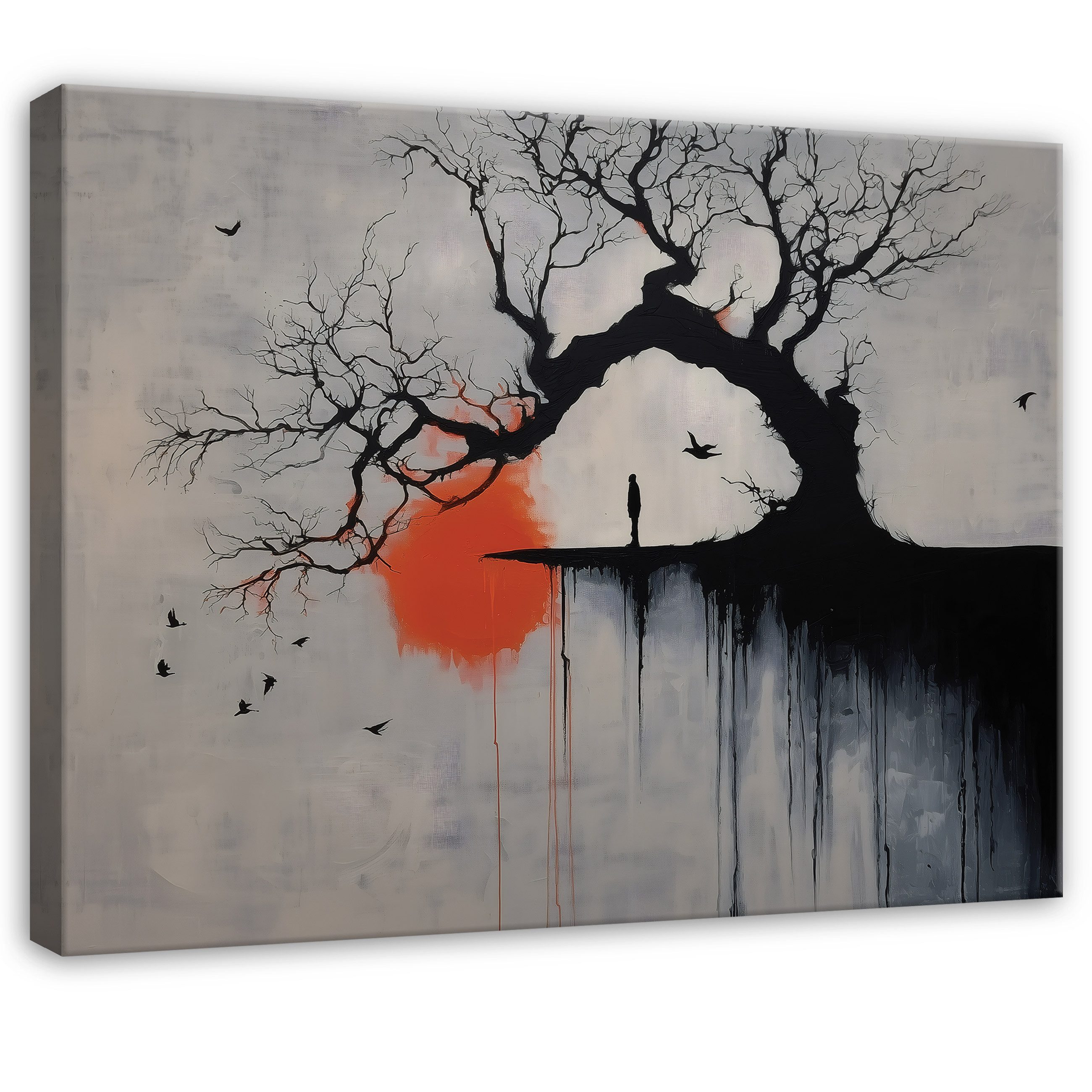 Wallarena Leinwandbild Baum Schwarz Orange Grau Modern Wandbilder Wand Deko XXL Bilder, Baum (groß Bilder Wohnzimmer Schlafzimmer Einteilig, 1 St), Bilder Klein Wohnzimmer Schlafzimmer Küche Wandbild Wand Deko 40x30