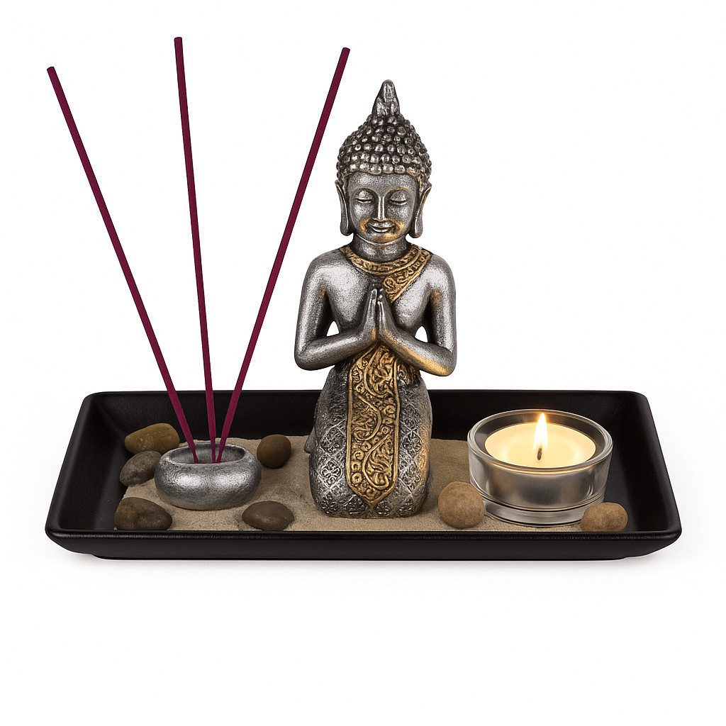 what the shop Dekotablett Buddha Deko-Set, Schwarzes Holztablet, Teelichtha günstig online kaufen