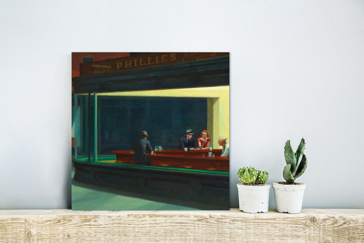 MuchoWow Metallbild Nighthawks - Edward Hopper, Inkl. Aufhängung, Alu-Dibond-Druck, Wandbild aus Metall, Aluminium deko, 20x20 cm