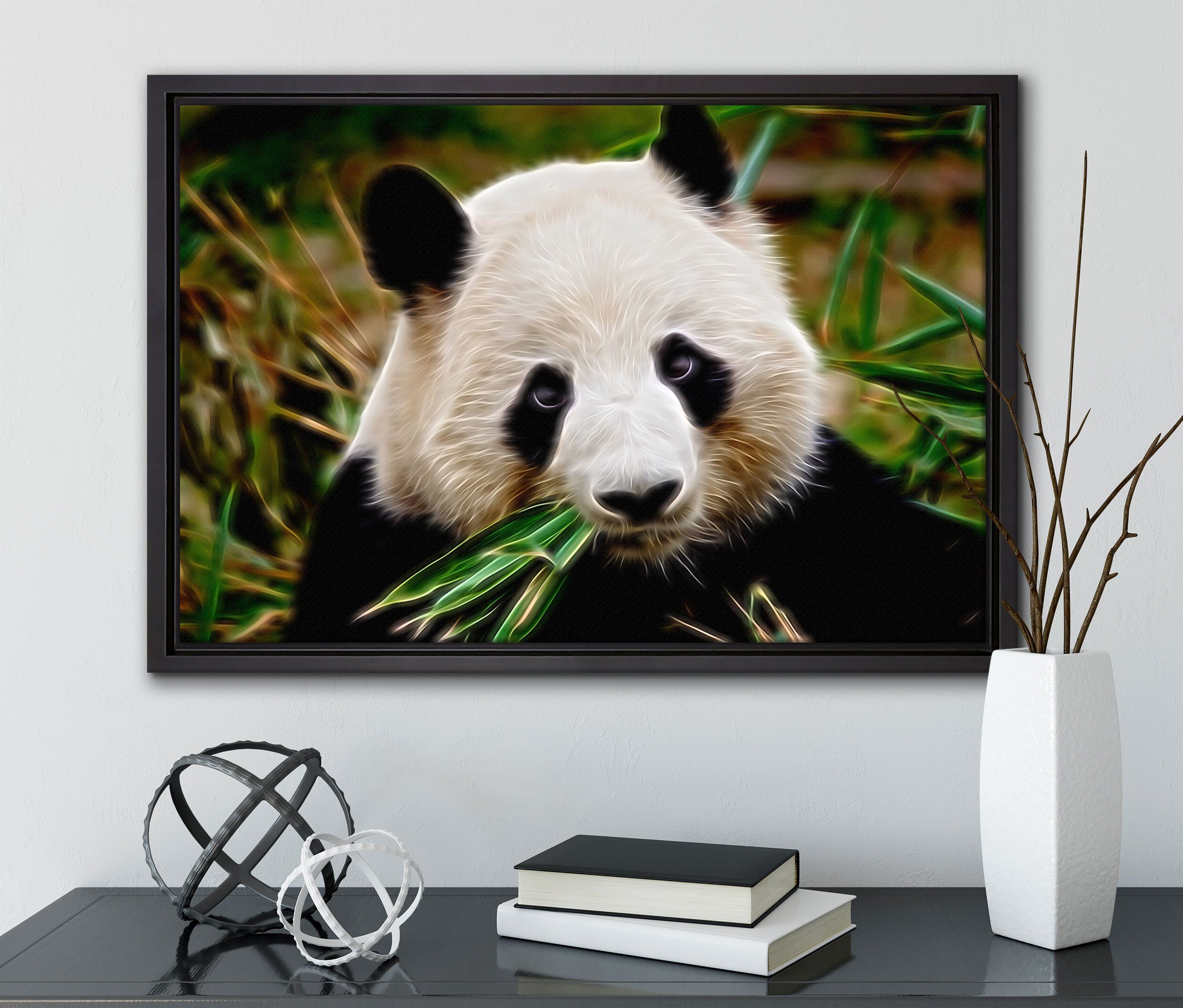 Pixxprint Leinwandbild Kuscheliger Panda Zackenaufhänger in frisst fertig einem Schattenfugen-Bilderrahmen inkl. bespannt, Bambus, Wanddekoration Leinwandbild gefasst, (1 St)