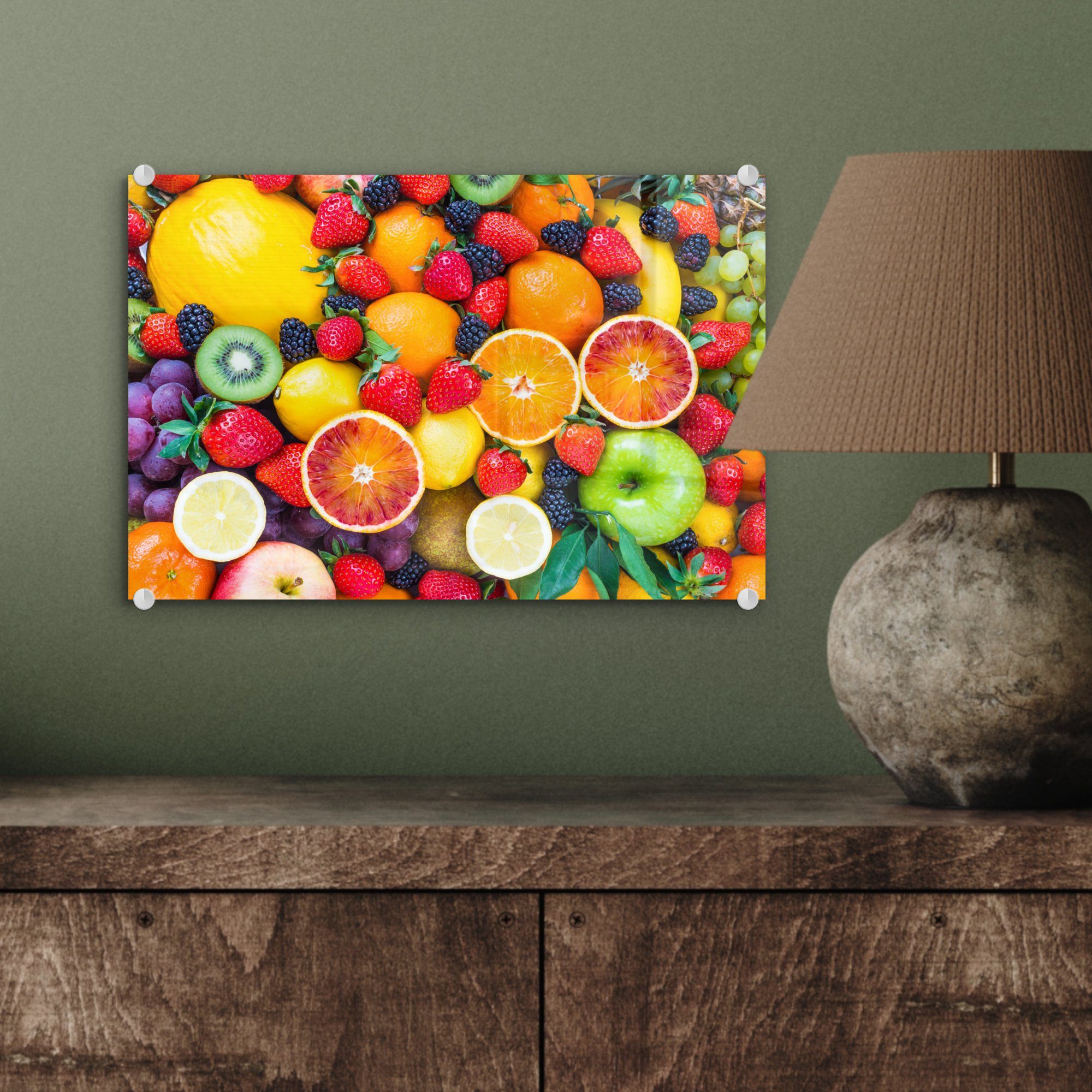 Obst, Wandbild Acrylglasbild Glas - - MuchoWow auf Bilder - Glasbilder - Foto auf St), Apfel Weintrauben (1 - Wanddekoration Glas
