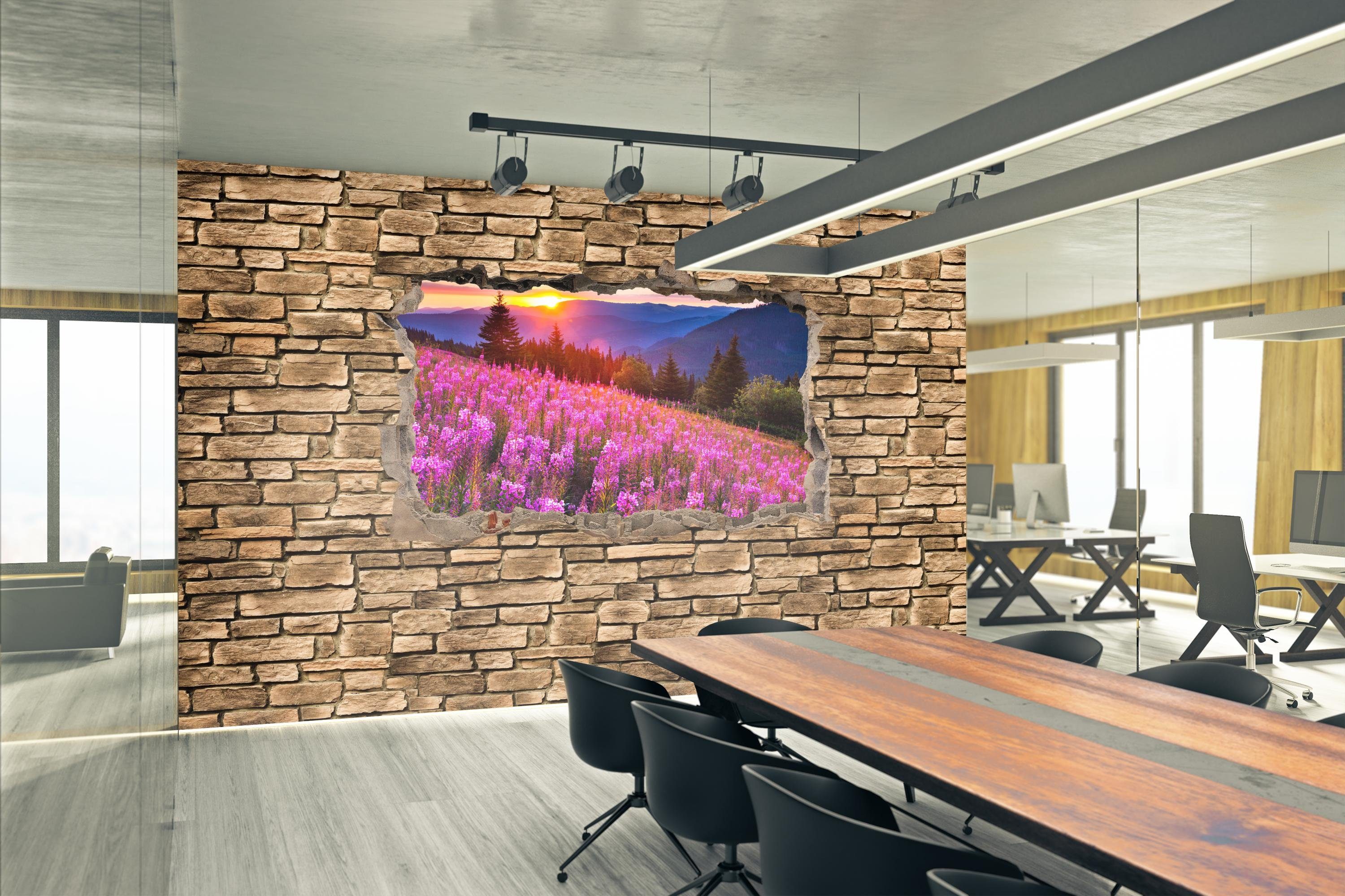 in den 3D Herbst Steinmauer, Motivtapete, Bergen matt, Fototapete Vliestapete wandmotiv24 glatt, Wandtapete, -