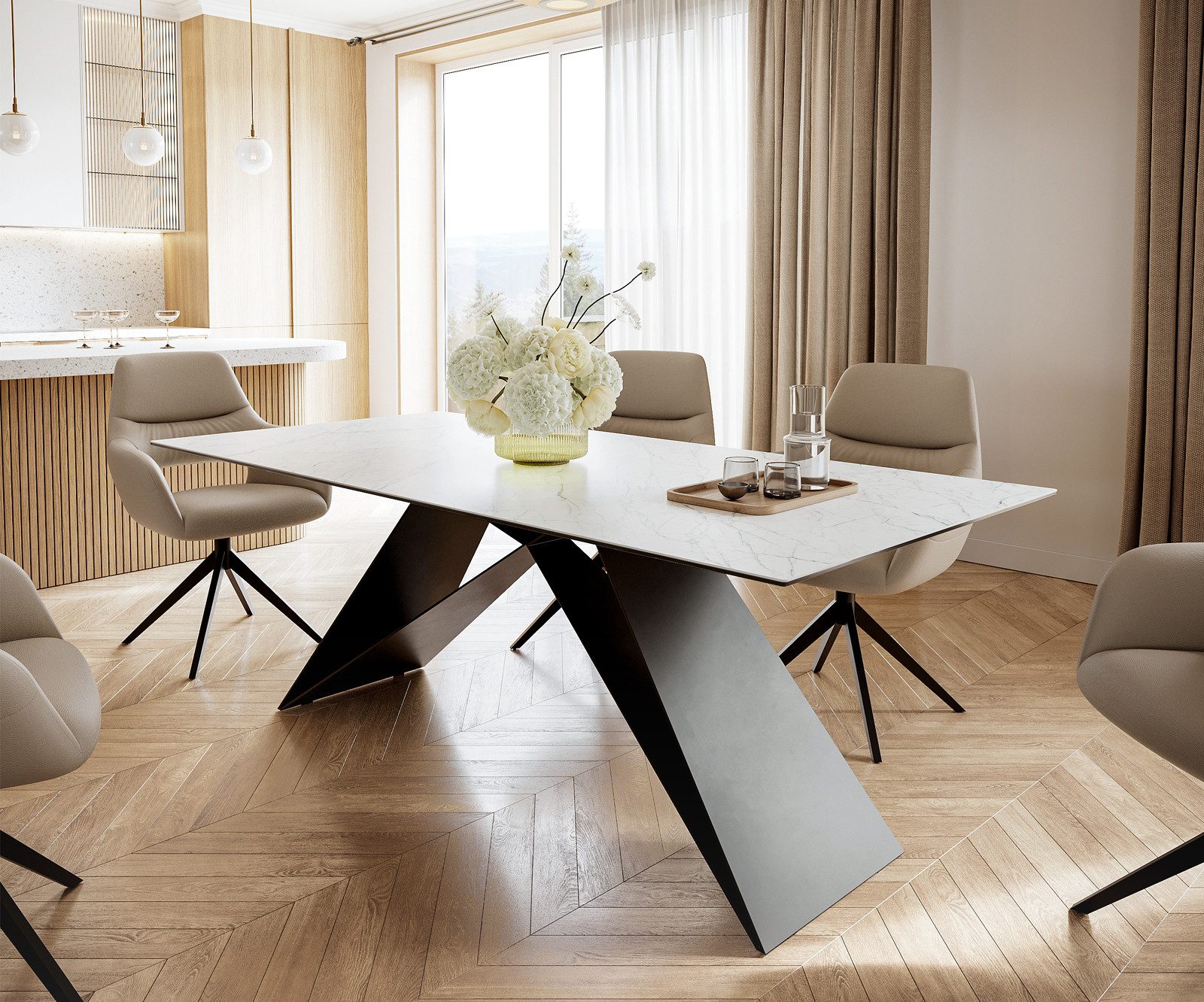 DELIFE Esstisch Edge, Keramik Laminam®Statuarietto Weiß 200x100cm V-Mittelfuß Schwarz
