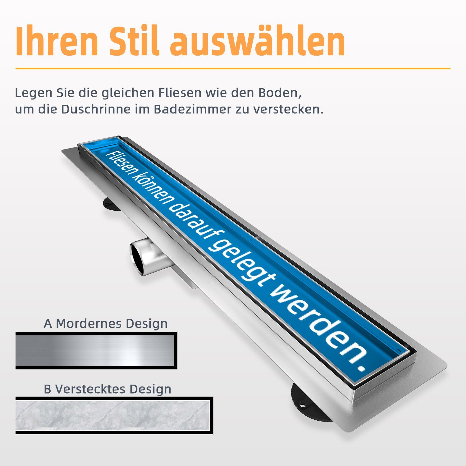 SONNI Duschrinne Edelstahl Duschrinne 2 IN 1 Design befliesbar Bodenablauf 30-150cm, extra flach Komplettset mit Geruchsstop und Haarsieb