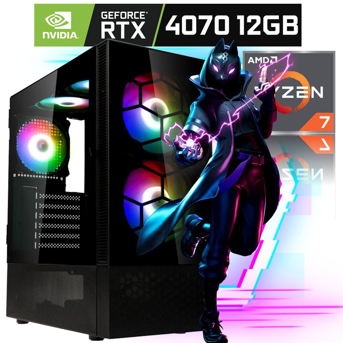 Meinpc Ryzen 7 RTX 4070 Gaming-PC (AMD Ryzen 7 5700X, GeForce RTX 4070 12GB, 32 GB RAM, 1000 GB SSD, Tower RGB, RGB, Gaming, Gamer)