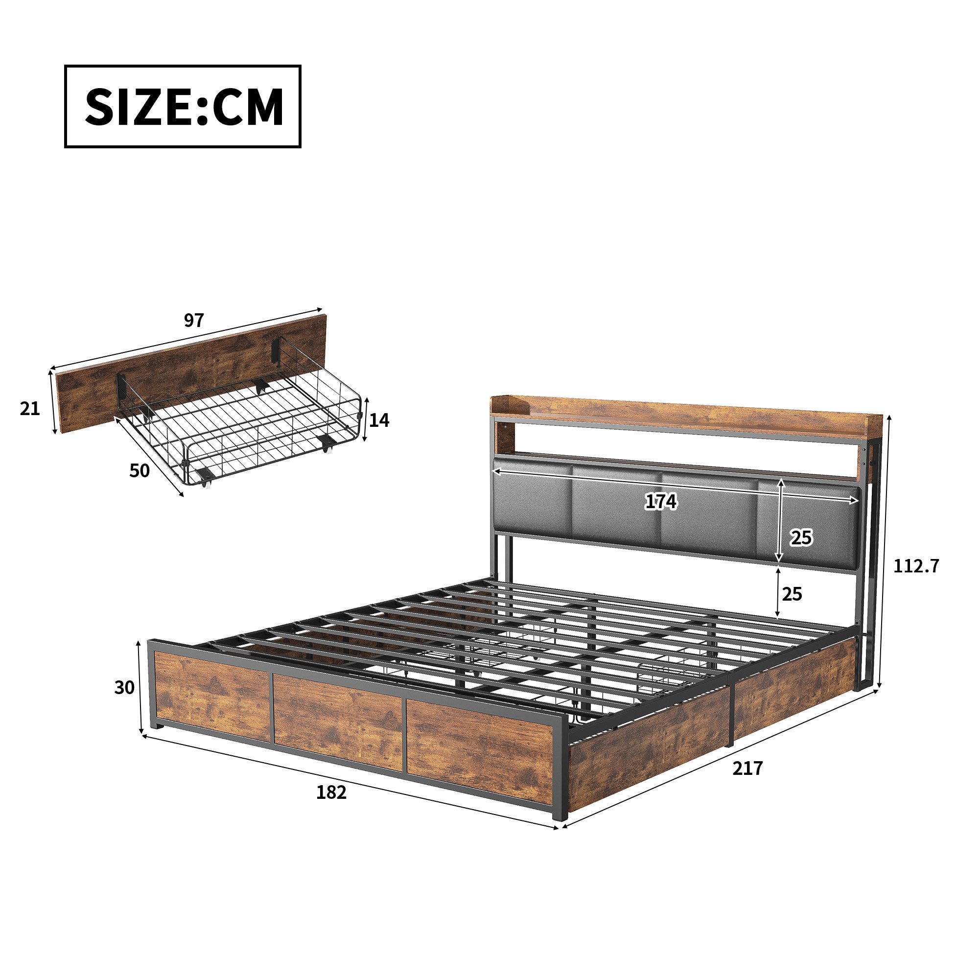 Simurq Bettgestell Doppelbett 180x200 cm mit 4 Schubladen (Set, 1-tlg) (Polsterbett 180x200 mit LED Beleuchtung,Ohne Matratze), Stauraumbett 160x200 mit Lattenr – Bild 3 von 5