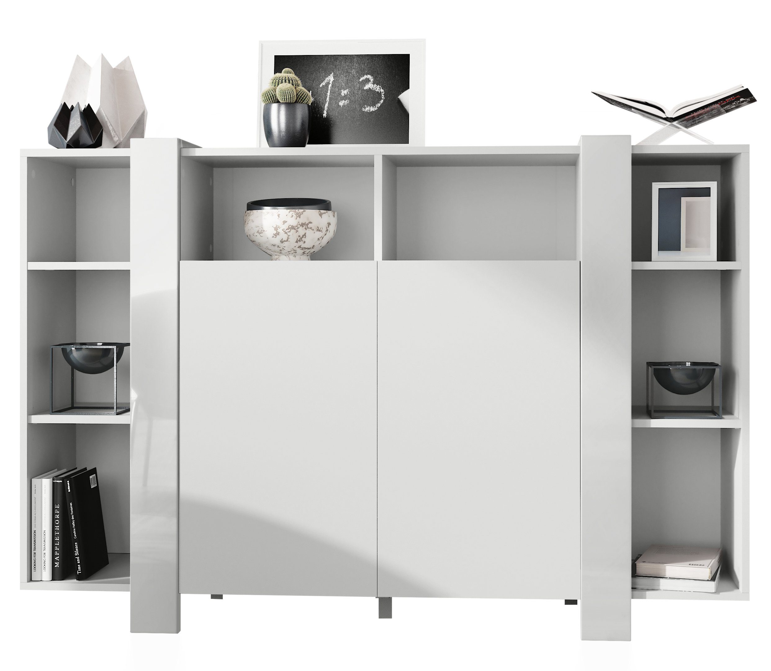 Vladon Highboard Ida V1 (Anrichte, mit 2 Türen und 8 offene Fächer), Weiß matt/Weiß Hochglanz (149 x 101 x 34 cm)