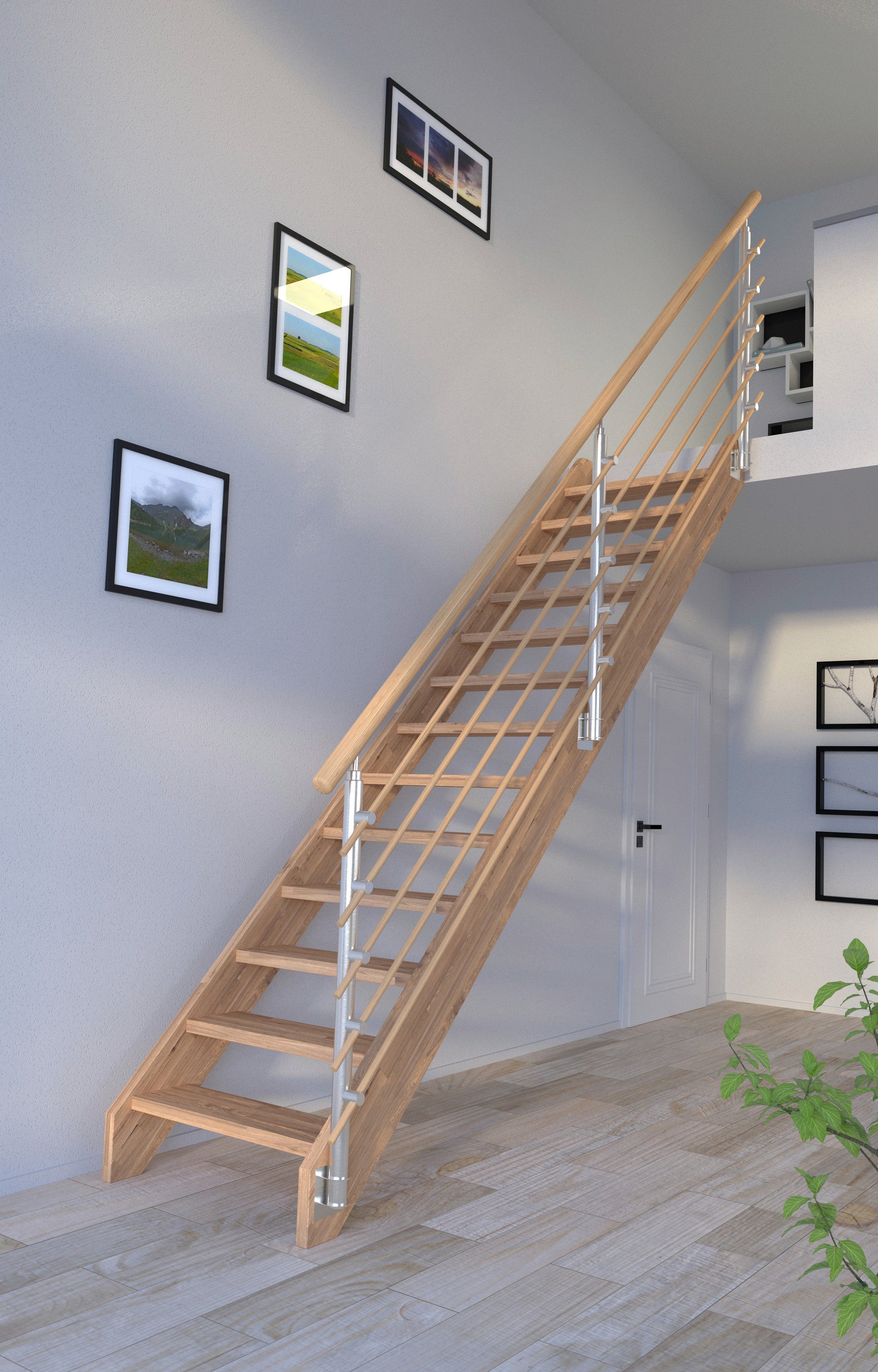 Starwood Systemtreppe Massivholz Mykonos, Design-Geländer Holzrundstäbe, für Geschosshöhen bis 280 cm, Stufen offen, Durchgehende Wangenteile