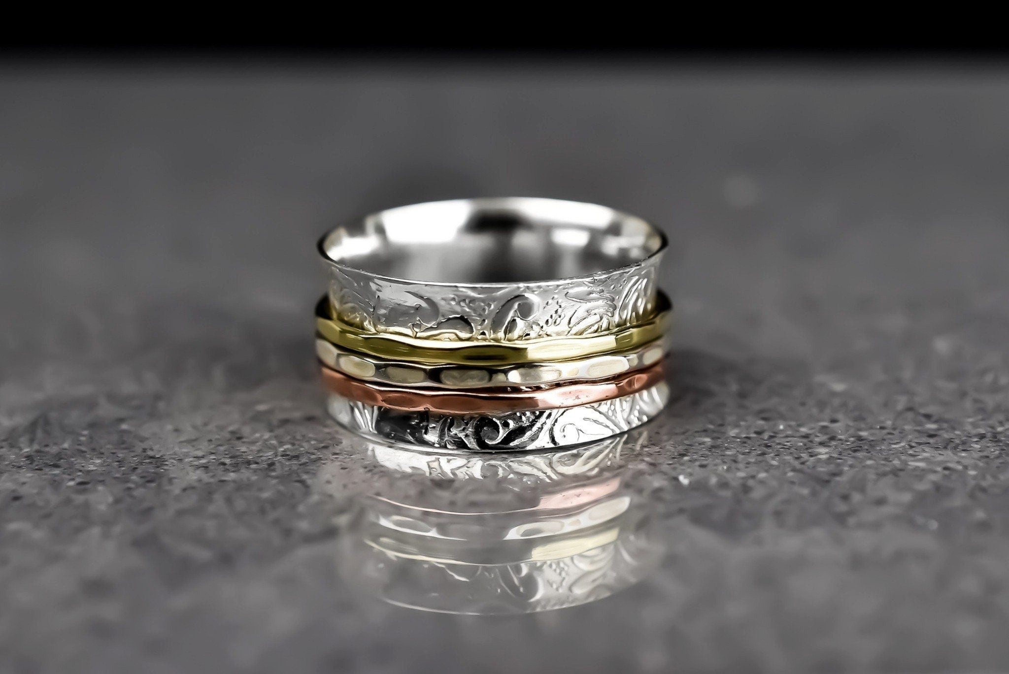 Silberring Meditationsring mit Dreifarbigen Band - 925 Sterling Silber Drehring