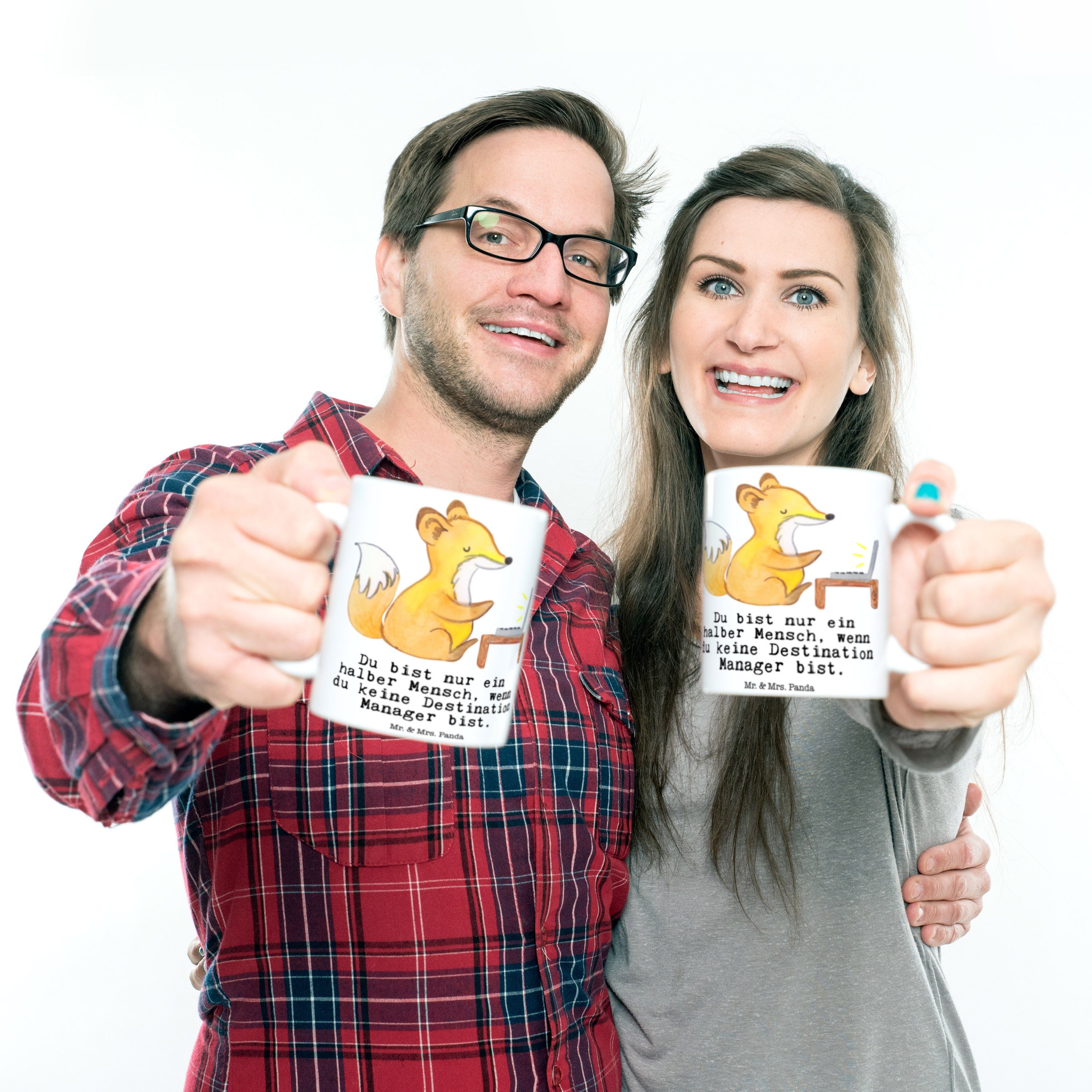 Mr. & Mrs. Panda Tasse Destination Manager mit Herz - Weiß - Geschenk, Porzellantasse, Kaffe, Keramik