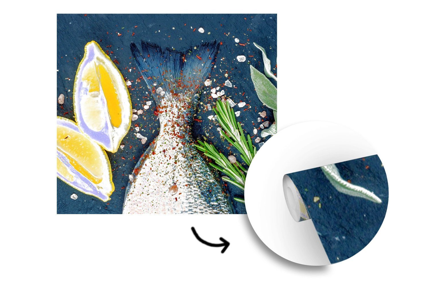 MuchoWow Fototapete Fisch für Zitrone - - Matt, Vinyl St), bedruckt, Wandtapete Wohnzimmer Schlafzimmer, Tapete (5 Kräuter, oder