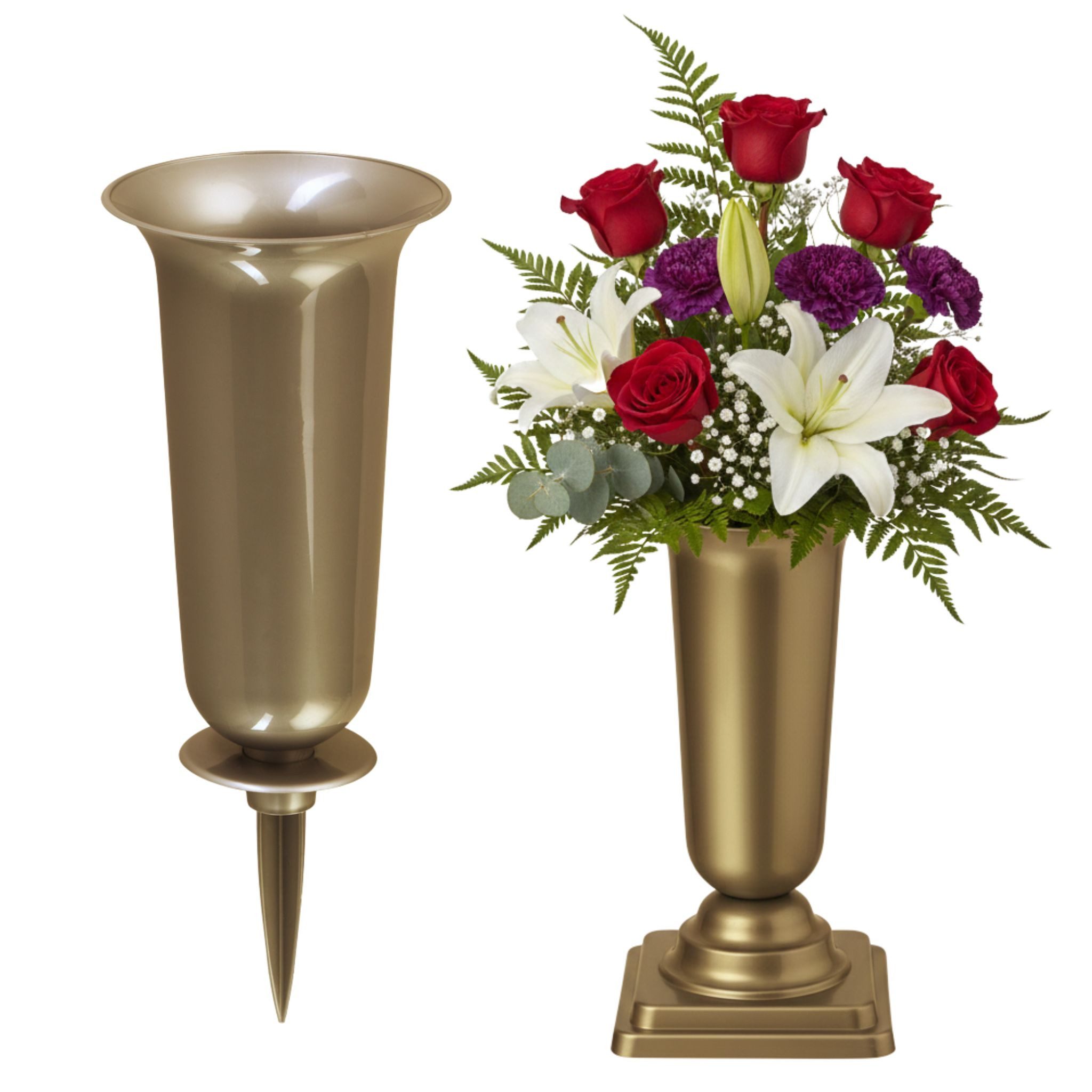 matches21 HOME & HOBBY Dekovase Grabvasen mit Erdspieß und Sockel 2er Set (31, 32 cm) gold (2 St), Wetterfeste Grabschmuck Friedhofsvasen zum Stecken, Hinstellen