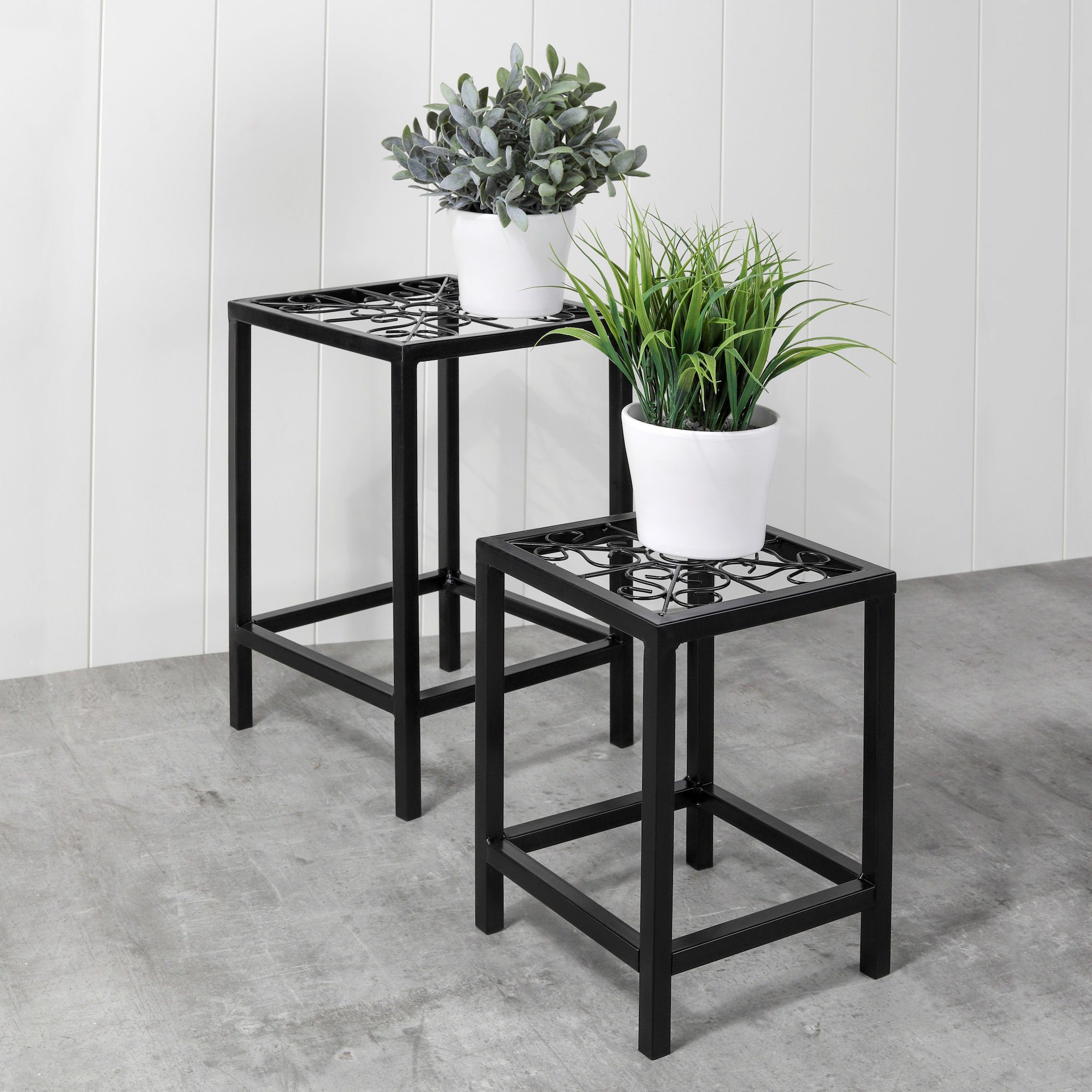 Außen Blumenständer und Blumenhocker Innen Pflanzenhocker Set, schwarz Metall - Spetebo für 2er dekorative