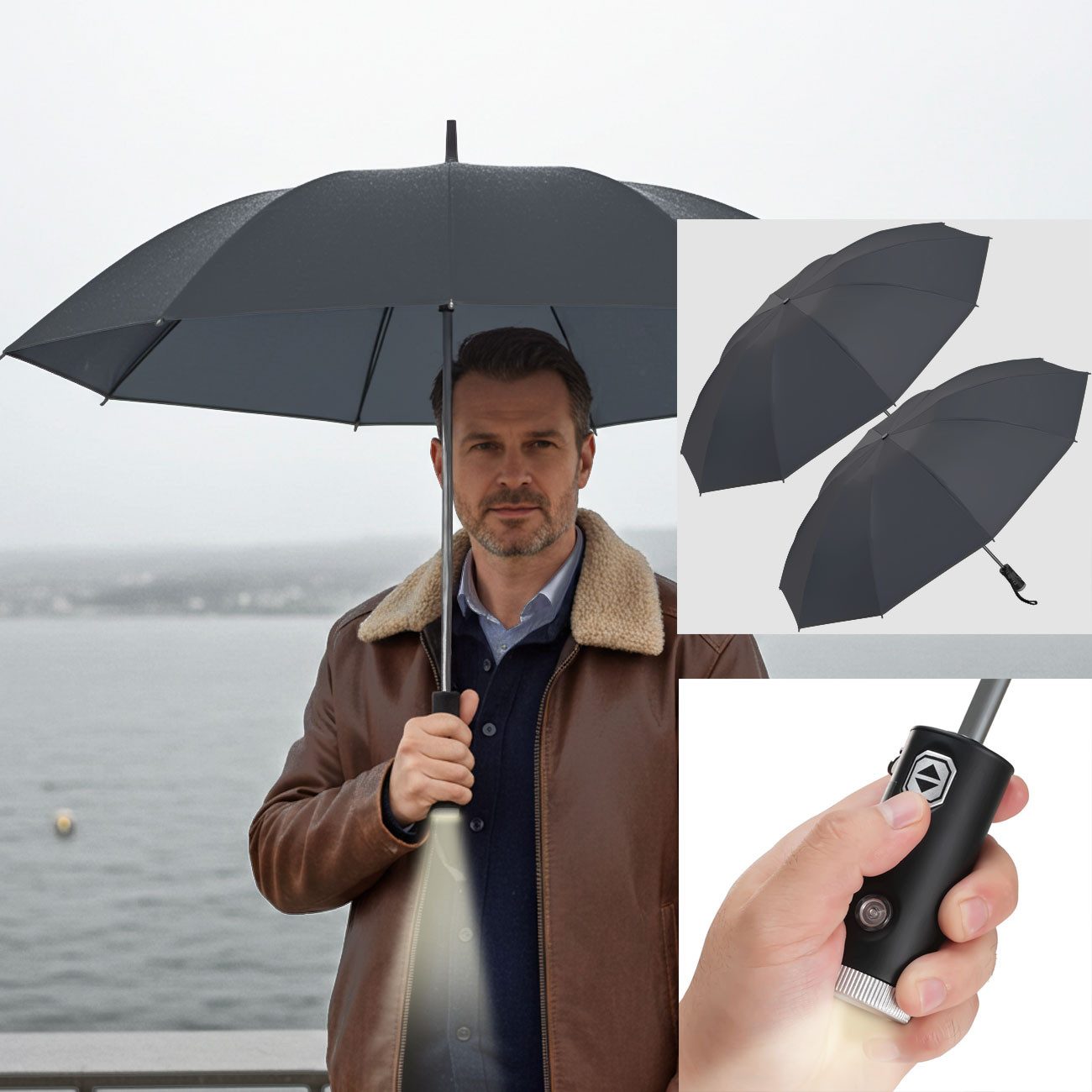 shop'n smile ideoon Taschenregenschirm Faltbarer Regenschirm LED Taschenlampe Taschenschirm Schirmdach Ø105cm, Geöffnet: Ø 105 x 62 cm/Auto-Öffnen & -Schließen/Handschlaufe