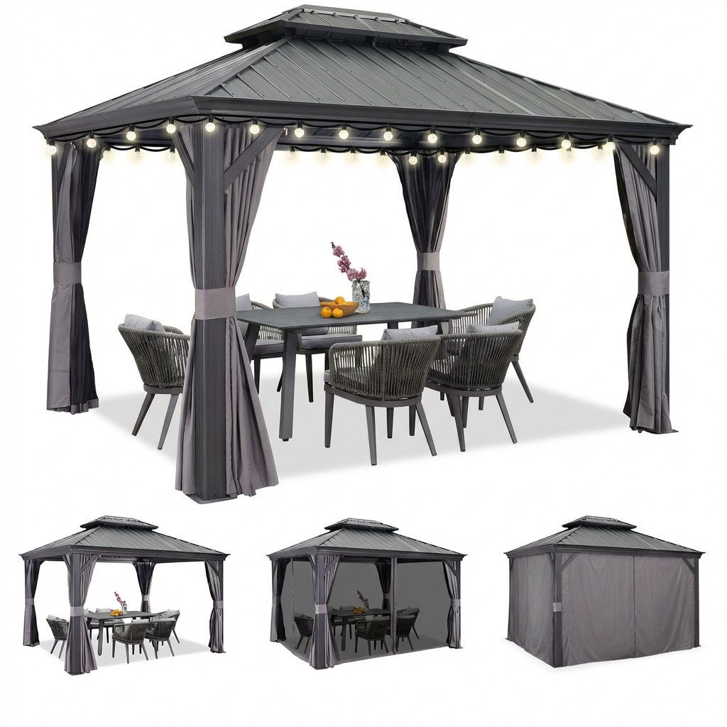 PURPLE LEAF Pavillon Hardtop Aluminium Gartenpavillon mit LED-Lichtern und Seitenteilen