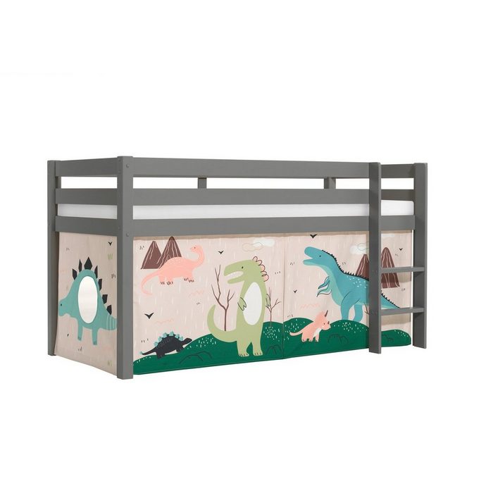 Natur24 Kinderbett Halbhohes Bett Pino mit Textilset Dino Kiefer Grau lackiert