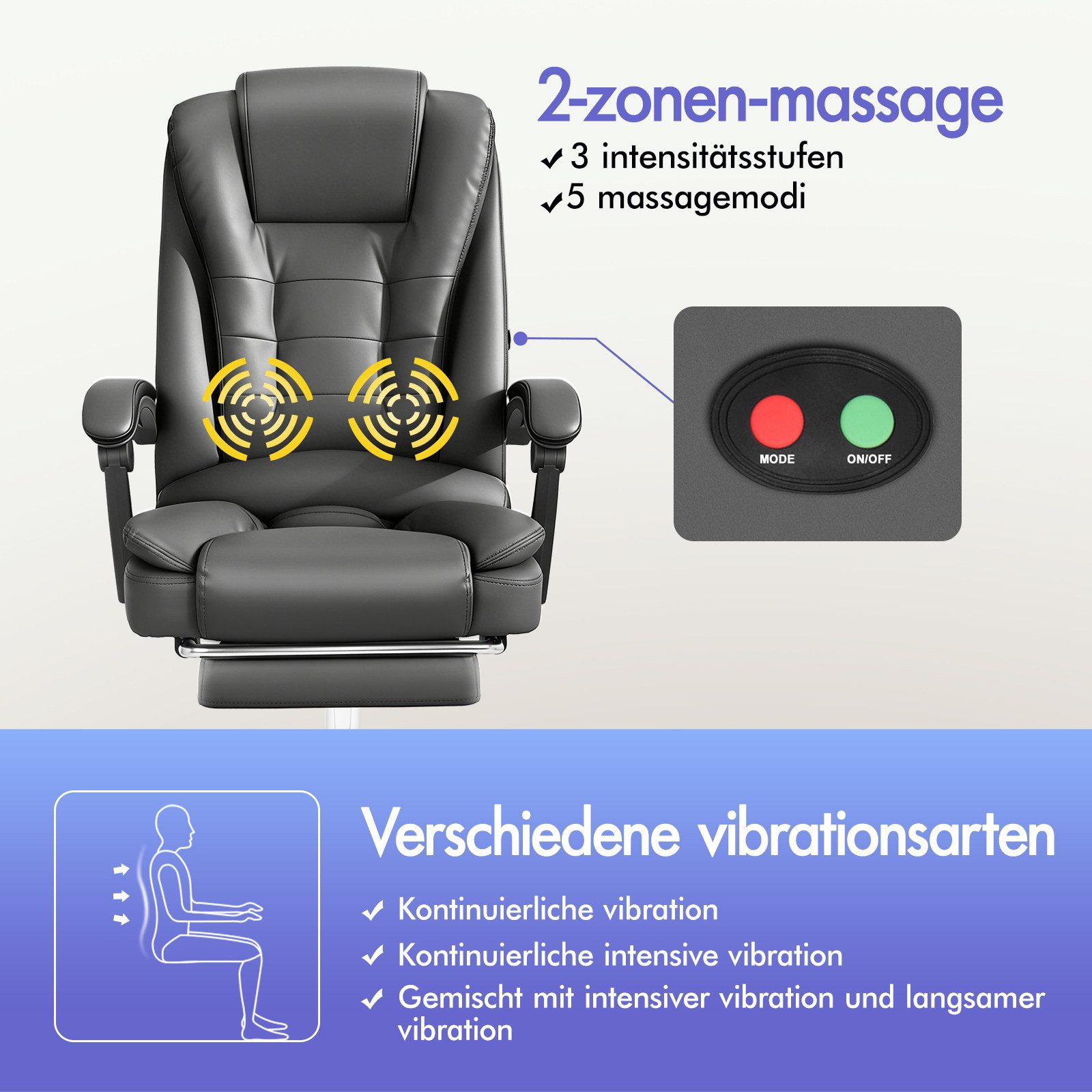 ALFORDSON Bürostuhl Gaming-Stuhl, Massage-Computerstuhl mit Wippfunktion, mit verstellbaren Armlehnen, höhenverstellbar, Grau
