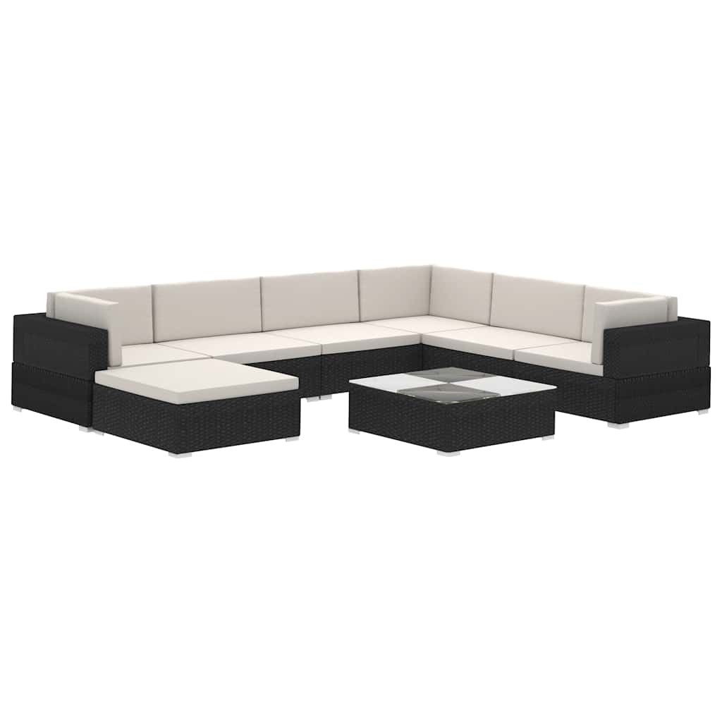 vidaXL Gartenlounge-Set 8-tlg. Garten-Lounge-Set mit Auflagen Poly Rattan Schwarz, (8-tlg)