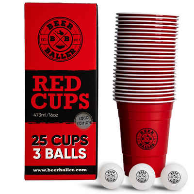 BeerBaller Becher BeerBaller® original Red Cups - 25 rote Beer Pong Becher & 3 Bierpong Bälle, 16oz/473ml