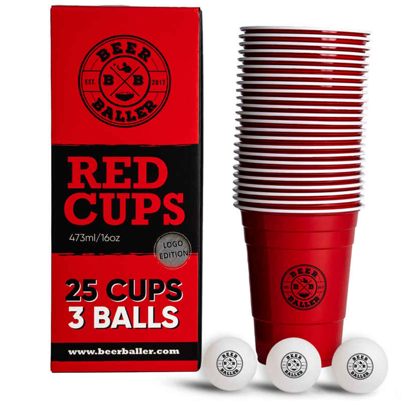 BeerBaller Becher BeerBaller® original Red Cups - 25 rote Beer Pong Becher & 3 Bälle, 16oz/473ml