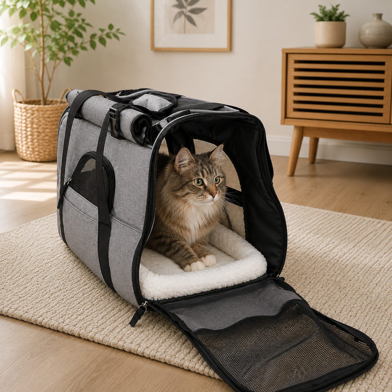 belviona Tiertransporttasche für Katzen, mit herausnehmbarem Liegekissen & Reflektoren, grau bis 10 kg, Katzentragetasche mit Netzfenstern, atmungsaktives Mesh