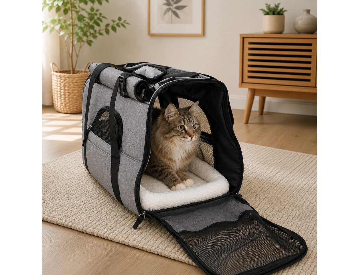 belviona Tiertransporttasche für Katzen, mit herausnehmbarem Liegekissen & Reflektoren, grau bis 10 kg, Katzentragetasche mit Netzfenstern, atmungsaktives Mesh