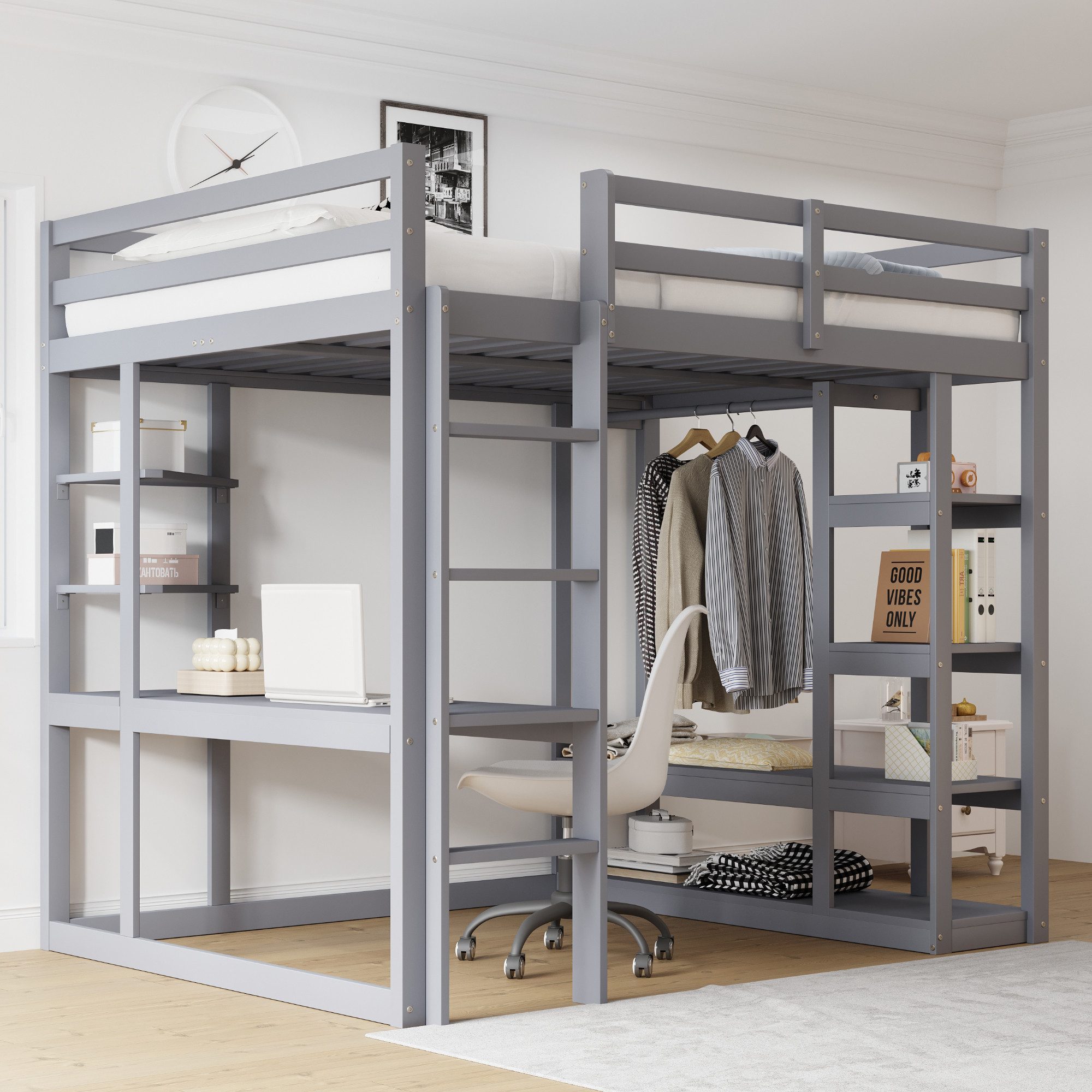 Merax Hochbett mit Stauraum und Sicherheitsleiter, Kieferholz Jugendbett (1-St) Kinderbett 140x200cm mit Schreibtisch Regalen und offener Garderobe – Bild 3 von 5