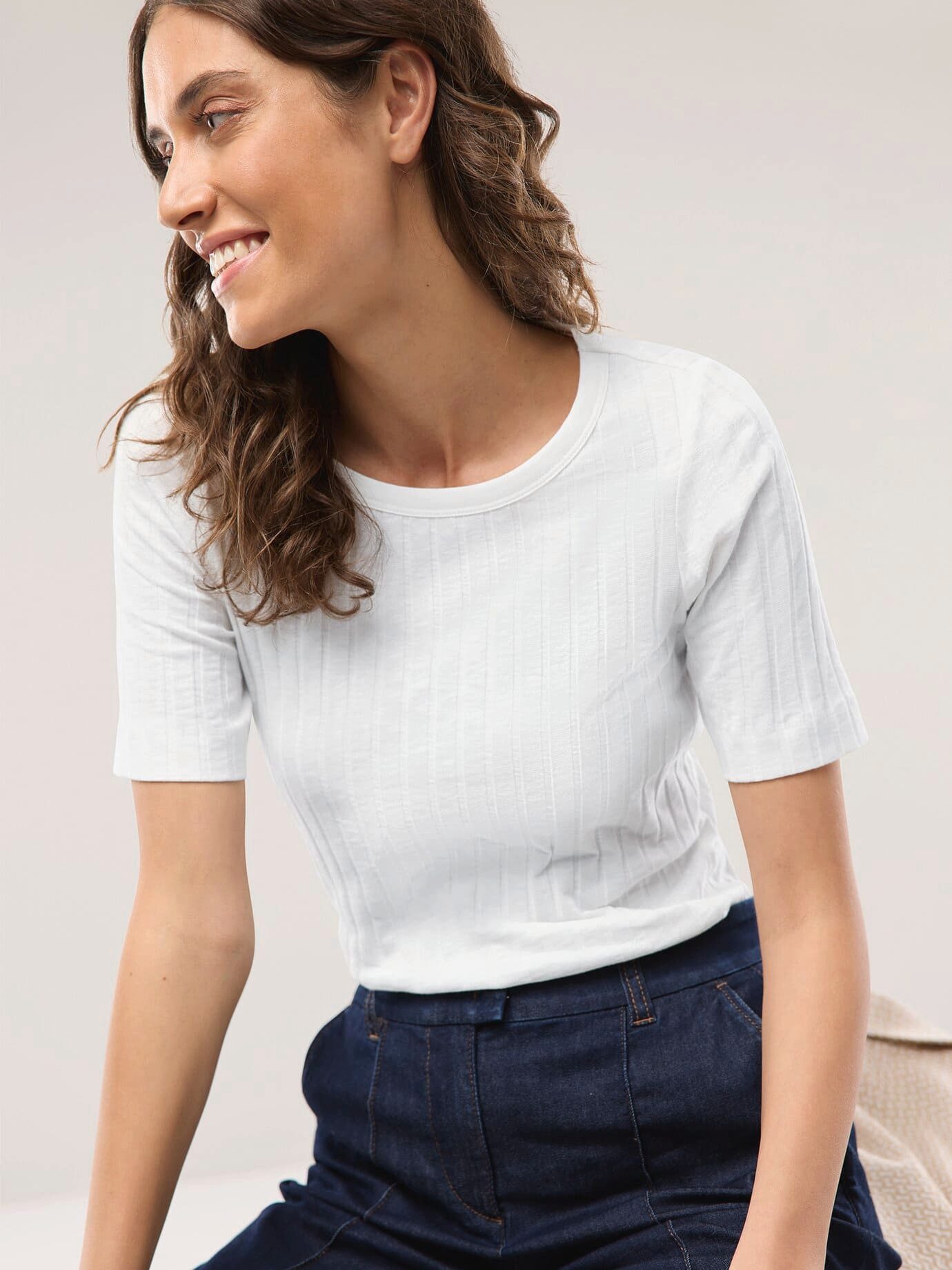 Walbusch T-Shirt Damen Baumwollshirt Rippenstruktur Rundhals Kurzarm Halbarm, pflegeleicht