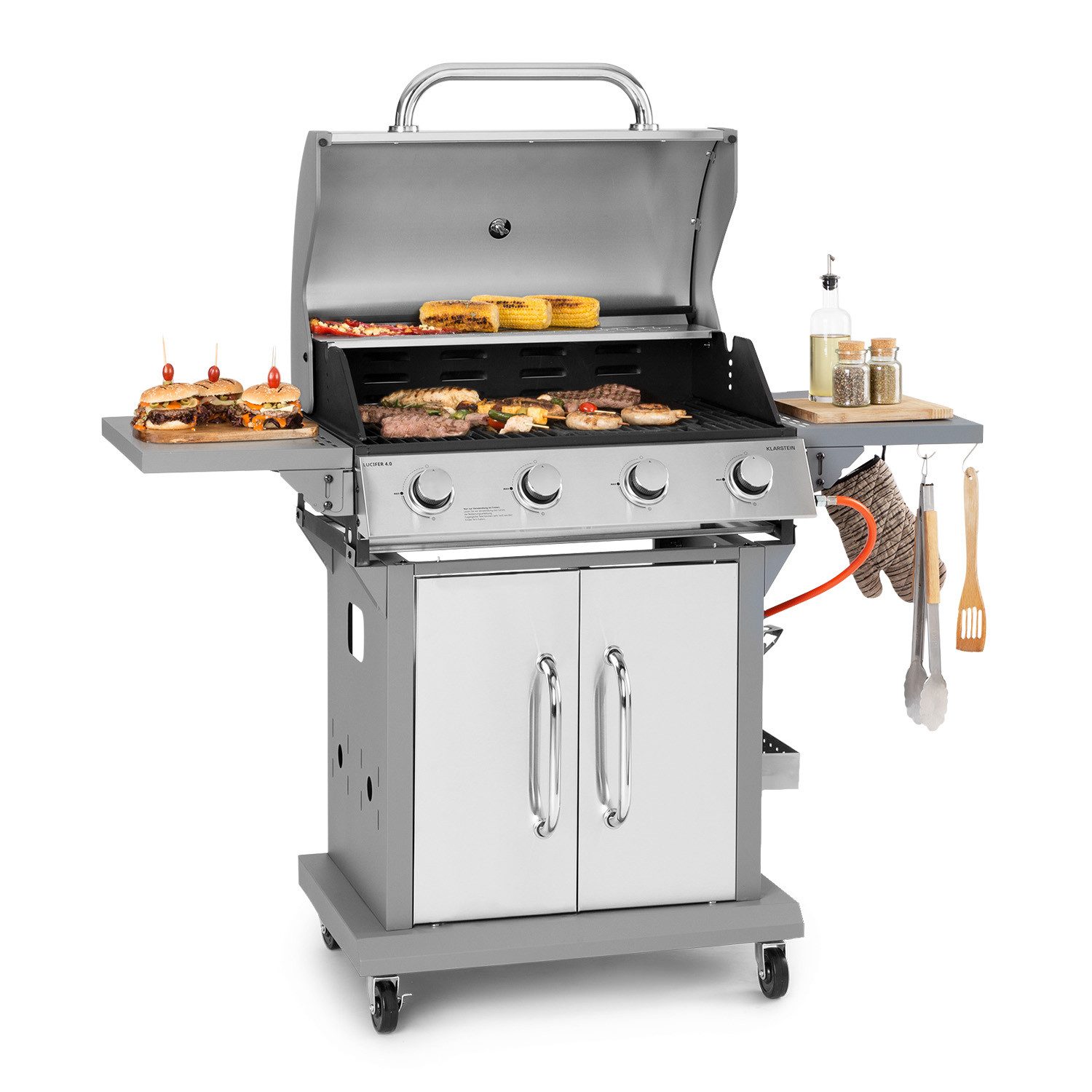 Klarstein Gasgrill Lucifer, Kombi-Set, Set, Gas Grill Smoker BBQ Edelstahl 4 Brenner Garten Mobil