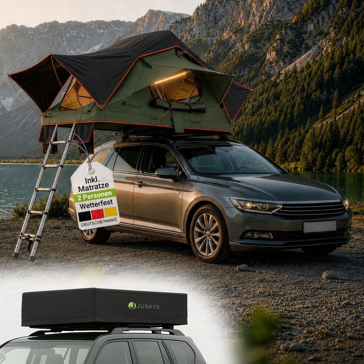 Juskys Dachzelt Lago, Wasserdicht, Teleskopleiter, 2 Personen Zelt, LED Beleuchtung