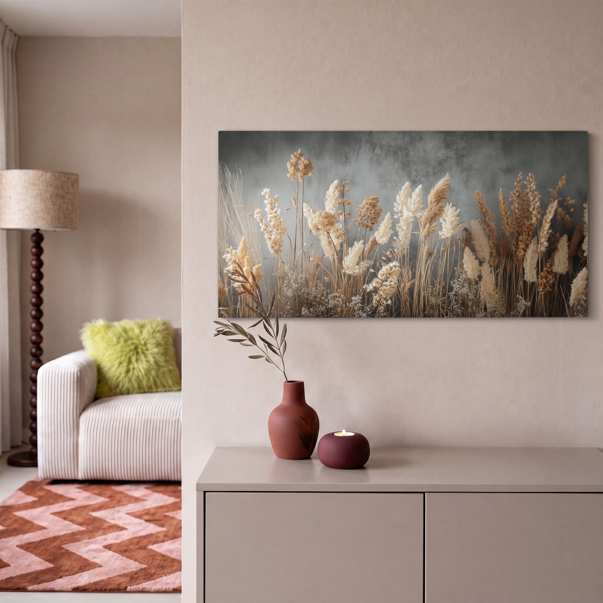 OneMillionCanvasses® Leinwandbild Panorama Getrocknete Feldblumen - Grau - Beton, Fotodruck (1 St), Wandbild, Deko Schlafzimmer Wohnzimmer Flur 40x20 cm – Bild 2 von 5