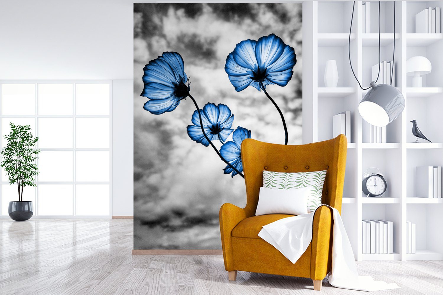 MuchoWow Fototapete für Blau Wohnzimmer, bedruckt, Tapete Wandtapete St), (3 Blumen - - - Schwarz Vinyl Matt, Weiß, Montagefertig