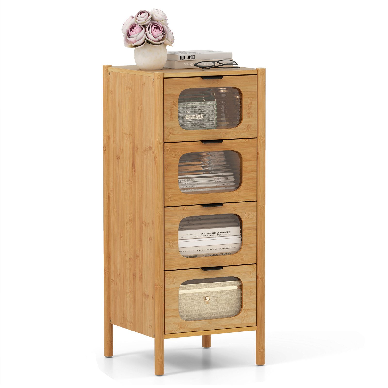 COSTWAY Kommode, 4 Schubladen, Sideboard aus Bambus & Glas, 40x40x97cm