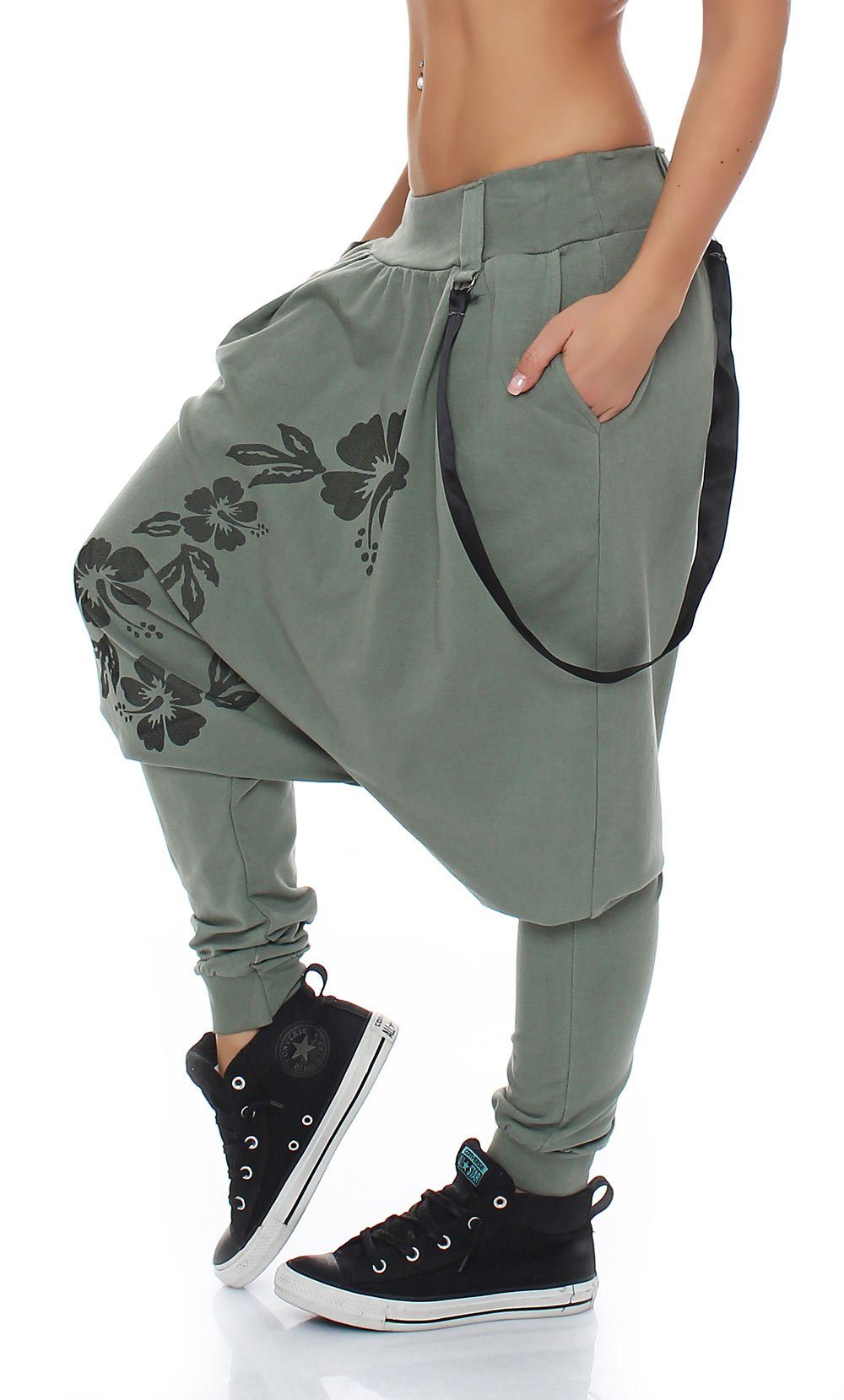 malito more than fashion Haremshose malito Damen Haremshose mit tiefem Schnitt, Hose mit Flower Print, mit vertieftem Schritt Einheitsgröße
