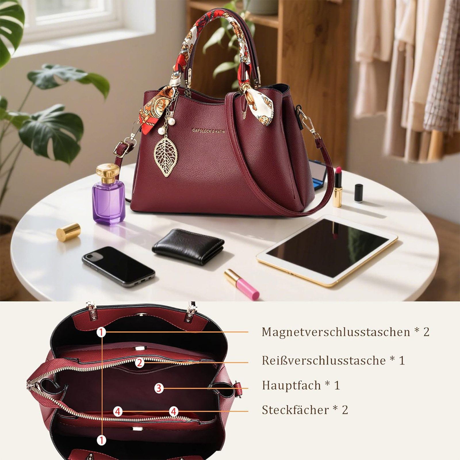 OKWISH Henkeltasche Damen-Handtasche Umhängetasche Tragetasche Aktentasche Tasche Damen (abnehmbarer Schulterriemen vielseitig tragbar Alltags Business-Tasche, 1-tlg., Drei Hauptfächer Reißverschluss- und Handyfach), für Alltag Reisen Partys Büro oder besondere Anlässe kombinierbar