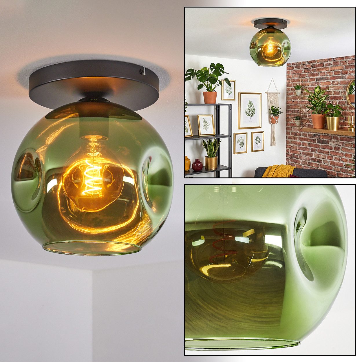 hofstein Deckenleuchte Deckenlampe aus Metall/Glas in Schwarz/Grün, Deckenleuchte im modernen Retro/Vintage-Design, Ø 25 cm, 1 x E27