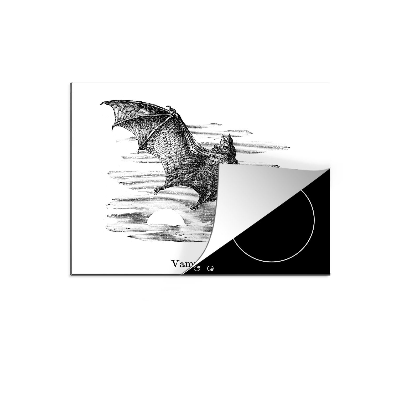 MuchoWow Herdblende-/Abdeckplatte Illustration einer Vinyl, vor Ceranfeldabdeckung schwarz und, 70x52 Mobile nutzbar, Sonnenuntergang Fledermaus in cm, (1 Arbeitsfläche einem tlg)