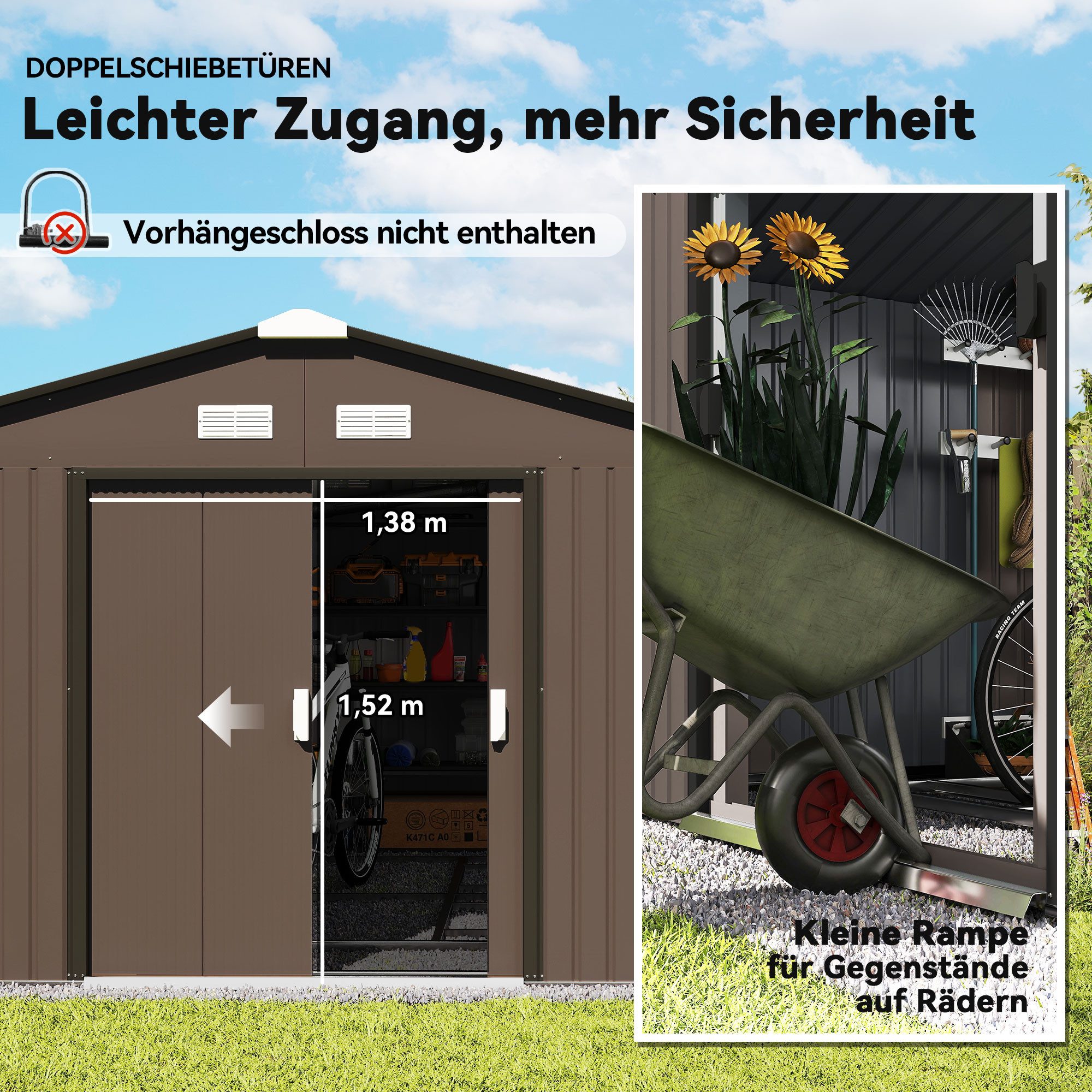 Outsunny Gerätehaus Gartenhaus mit Schiebetür, Fundament, Geräteschuppen, BxT: 340x386 cm, (Gartenhaus, 1 St., Geräteschuppen aus Verzinkter Stahl), wetterfest, – Bild 5 von 5