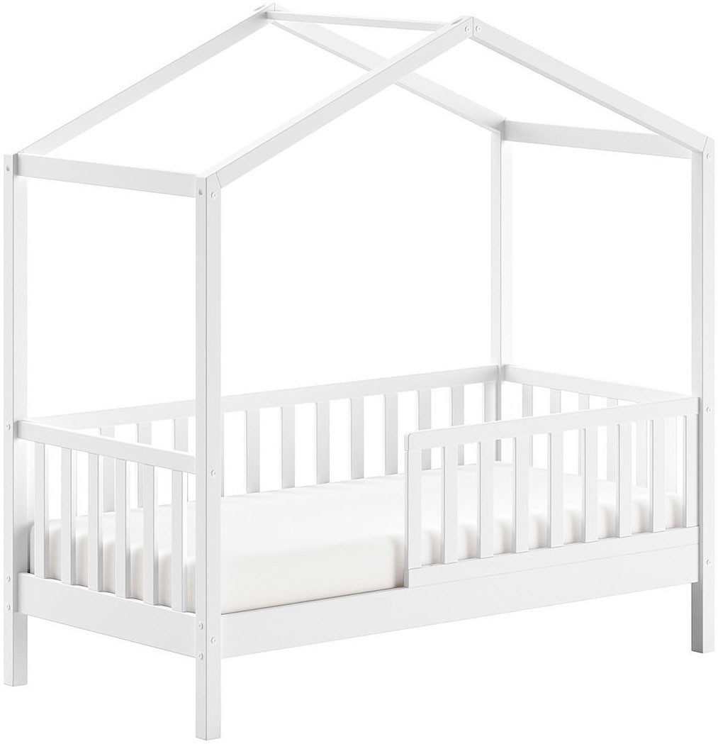 Vipack Hausbett Junior Hausbett 70/140, umlaufender Rausfallschutz, stabil gebaut (B/H/T ca. 148x150,6x75,8cm, in verschiedenen Farben erhältlich), inkl. Rolllattenrost und Dachaufbau