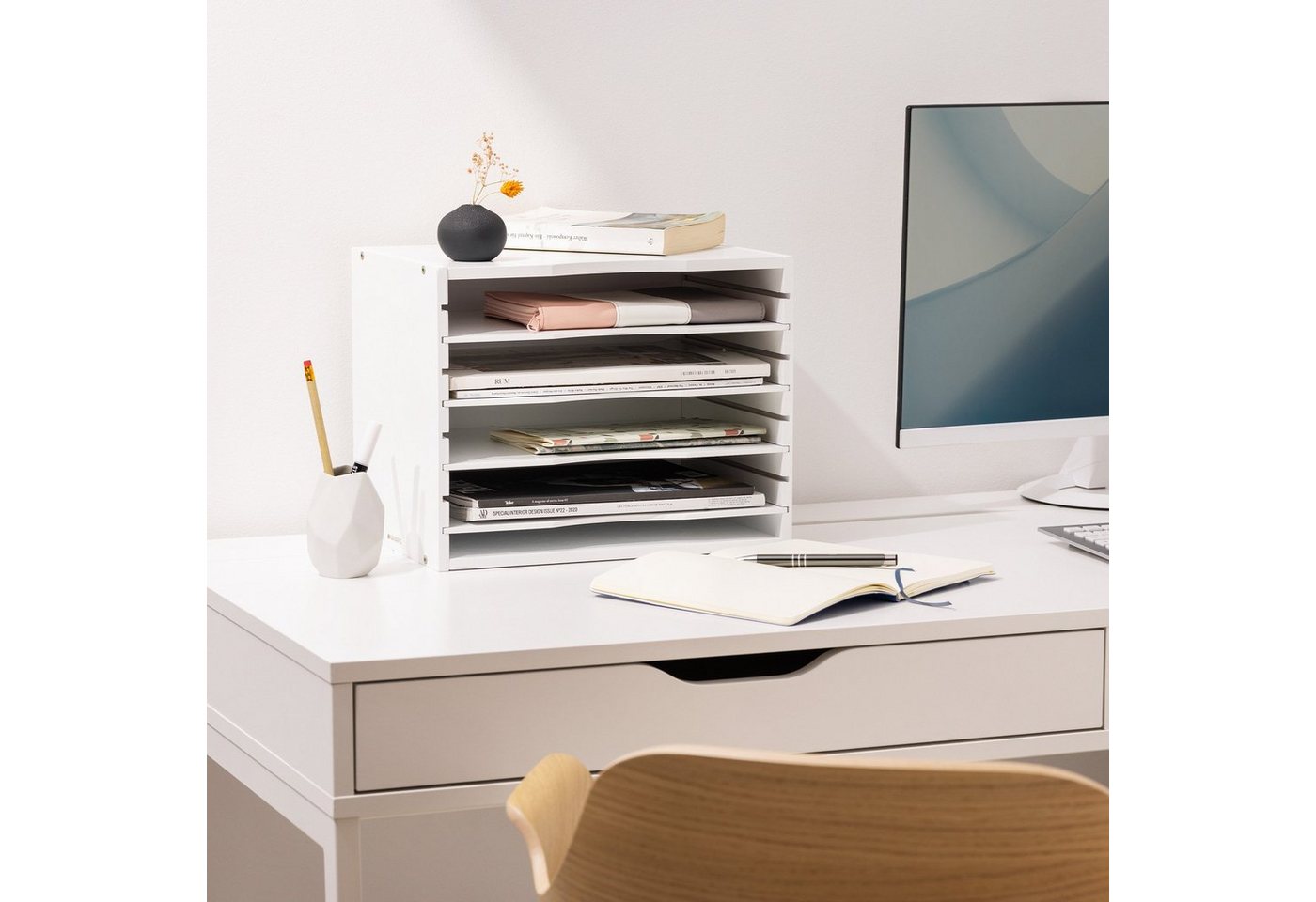 Thumbnail - Navaris Briefablage Bambus Briefablage 33x26x24,5cm - 5 Fächer - Schwarz/Weiß (1-St)