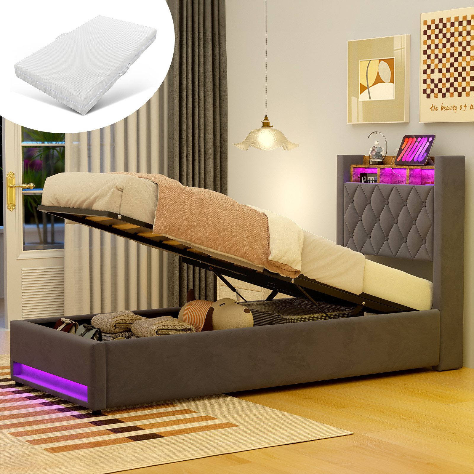 OKWISH Polsterbett Bett (Doppelbett Jugendbett mit USB/Typ-C Ladeanschluss, 90x200cm mit RGB-LED-Beleuchtung, hydraulischem Stauraum), Hollandvelours, mit Knopfheftung, mit Matratze