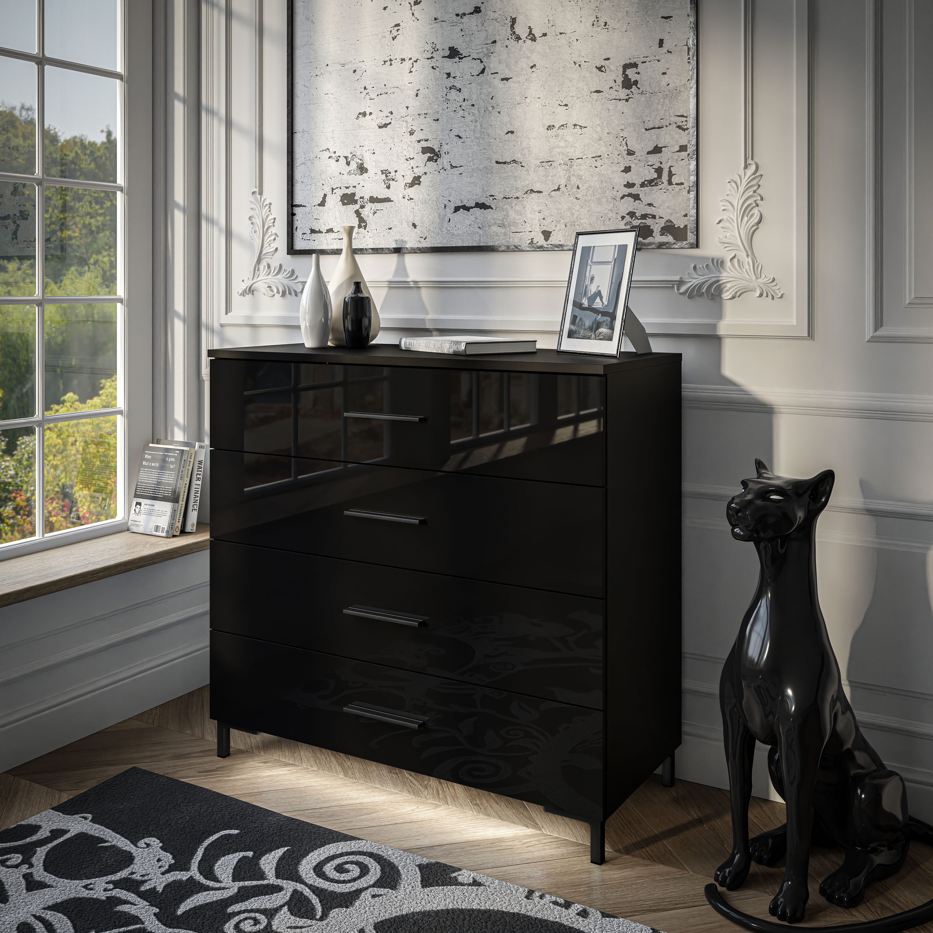 Lookway Kommode LINA BLACK Schwarz / Schwarz hochglanz mit Schubladen