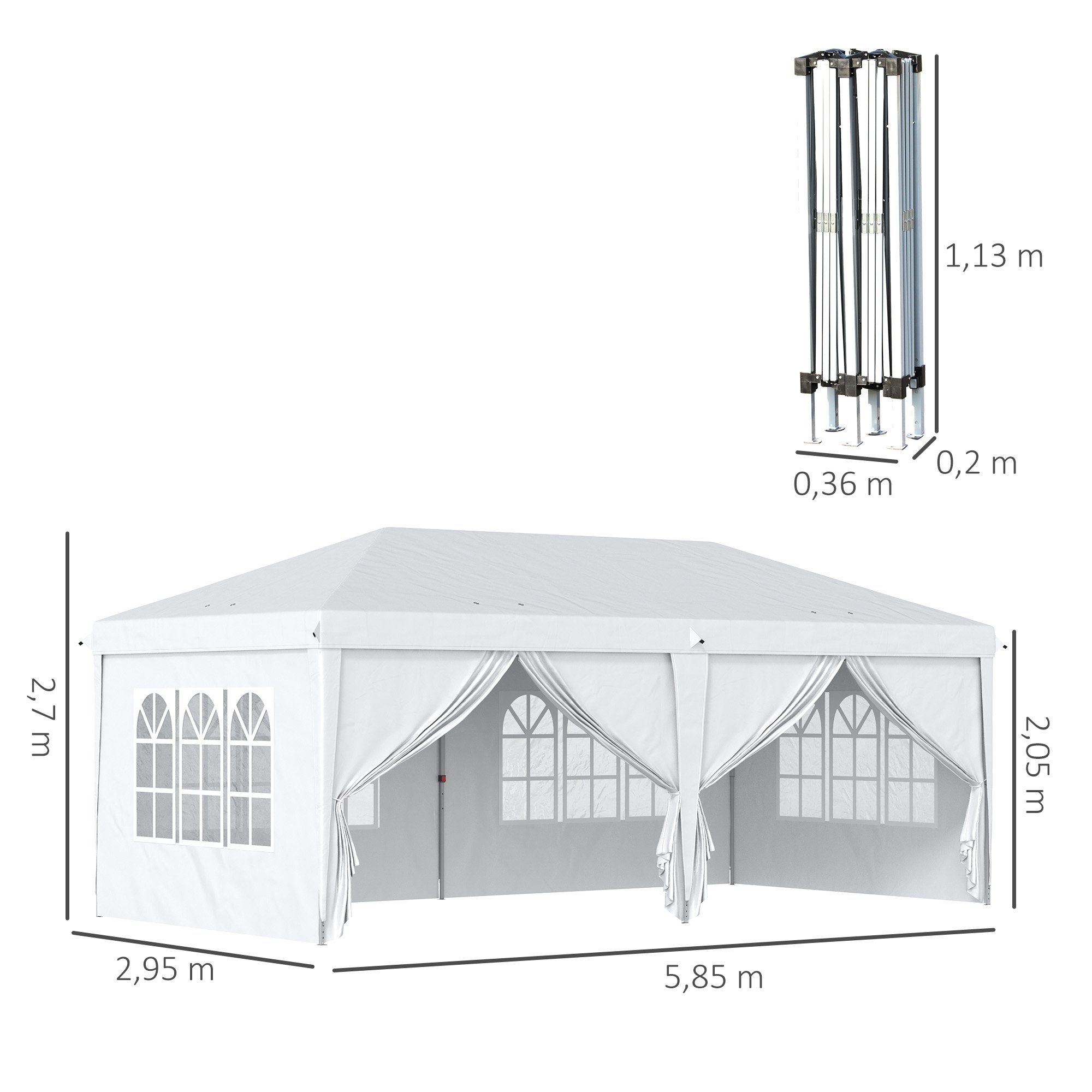 Outsunny Faltpavillon Partyzelt mit Fenster Tür Festzelt, mit 4 Seitenteilen, (Gartenpavillon, Pavillon), für Garten, Balkon, Weiß