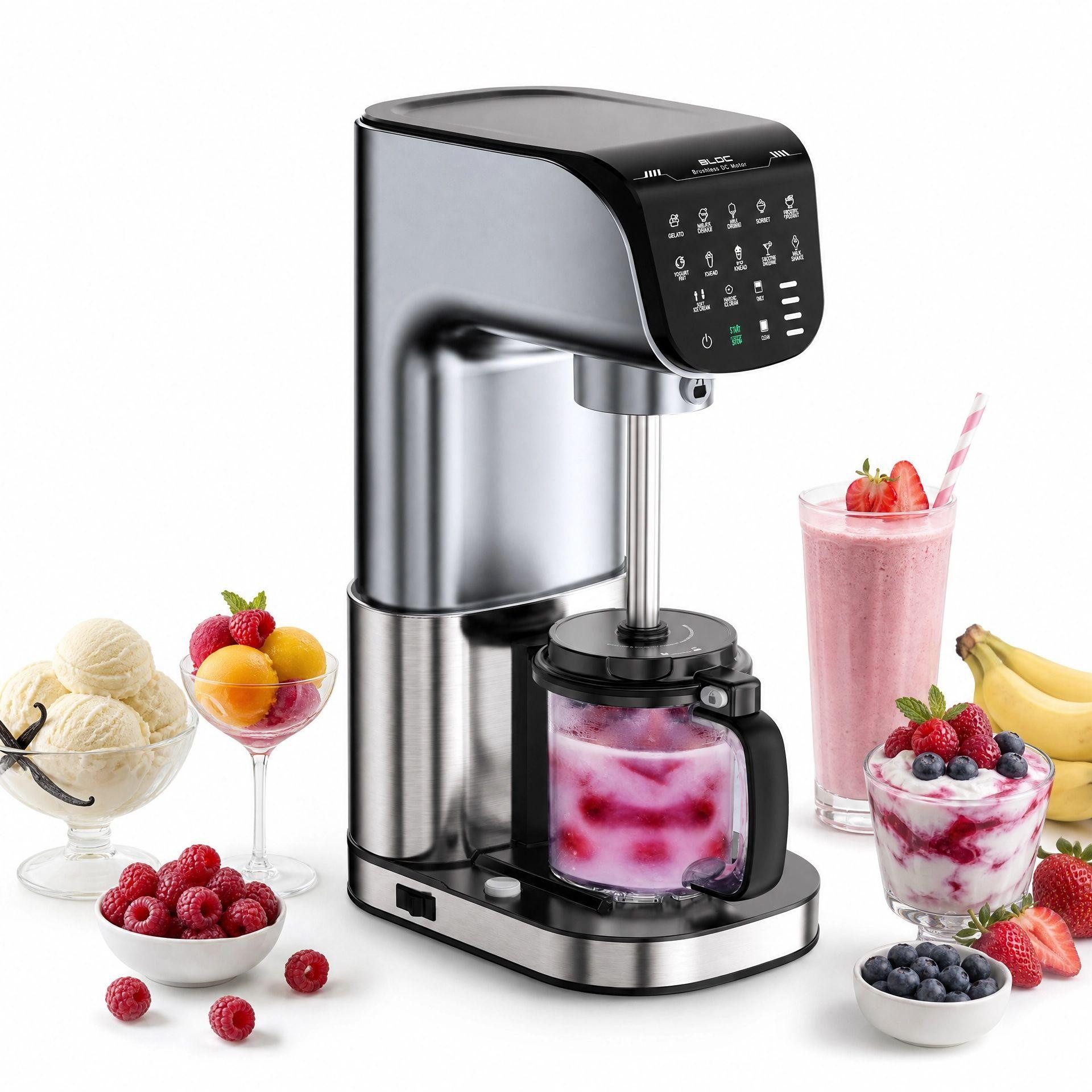 BBG Eismaschine Eismaschine mit 10 Programmen, Speiseeismaschine, 0,57 l, mit 3 Eisbehältern à 0.57L und leistungsstarkem bürstenlosem DC-Motor